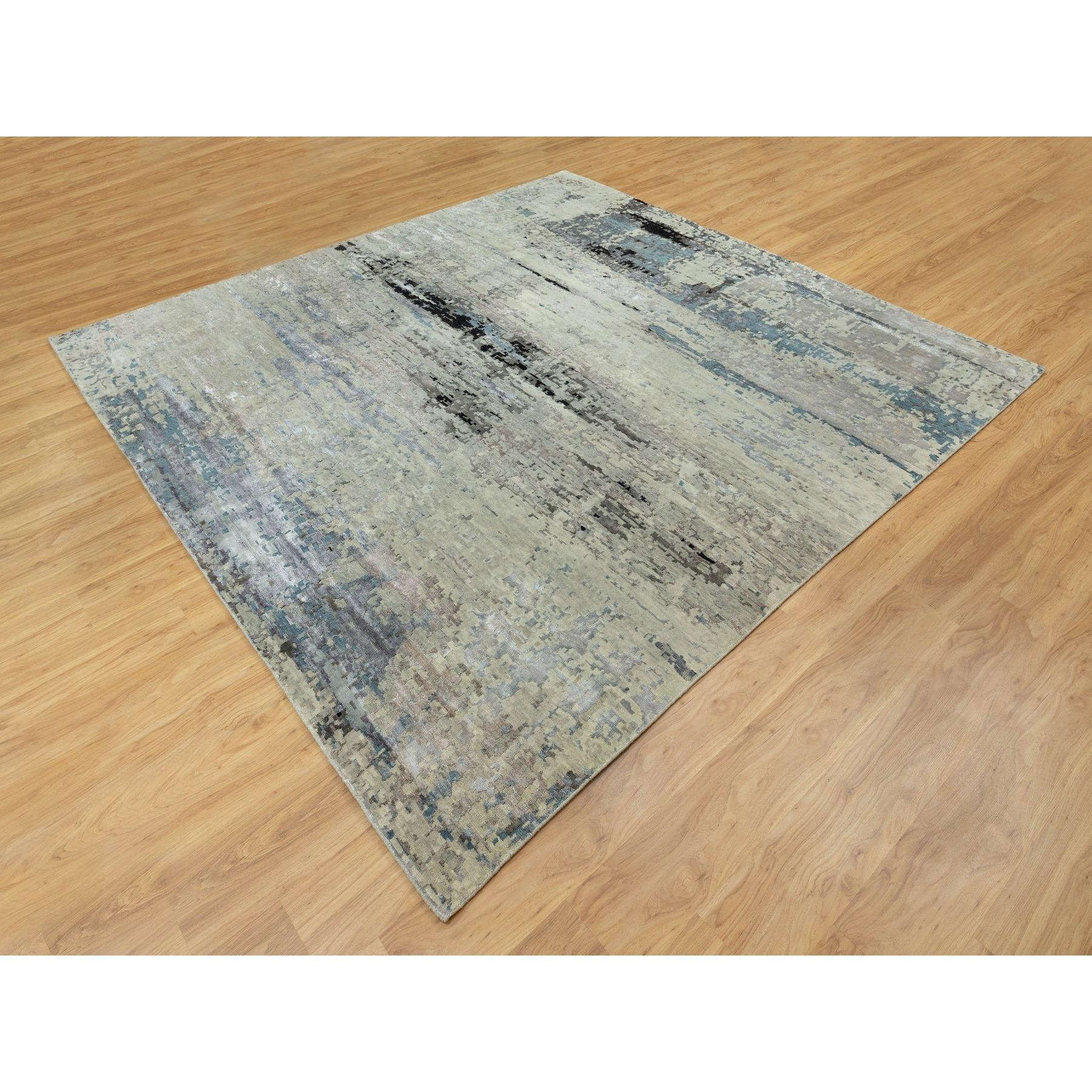 Indien 10'x10' Abstract Design Silver-Blue Tapis en laine et soie à poils longs noué à la main en vente