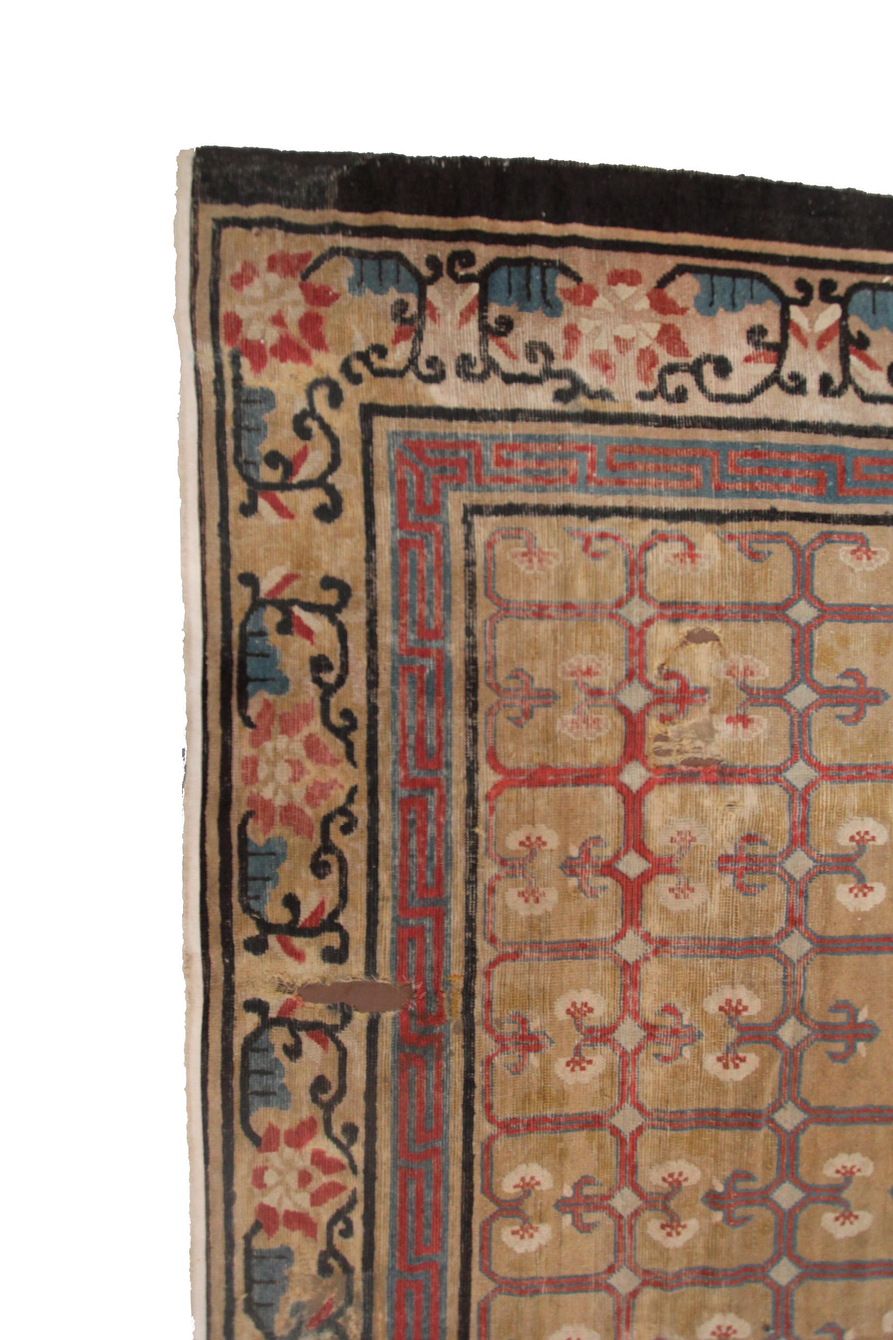 Noué à la main Ancien tapis Art Déco Pékin Ninghshia beige ancien chinois 1860 en vente