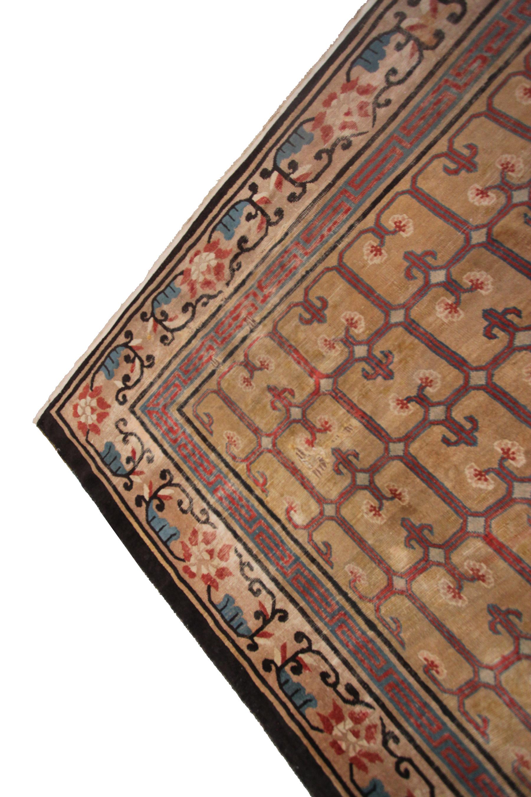 Milieu du XIXe siècle Ancien tapis Art Déco Pékin Ninghshia beige ancien chinois 1860 en vente