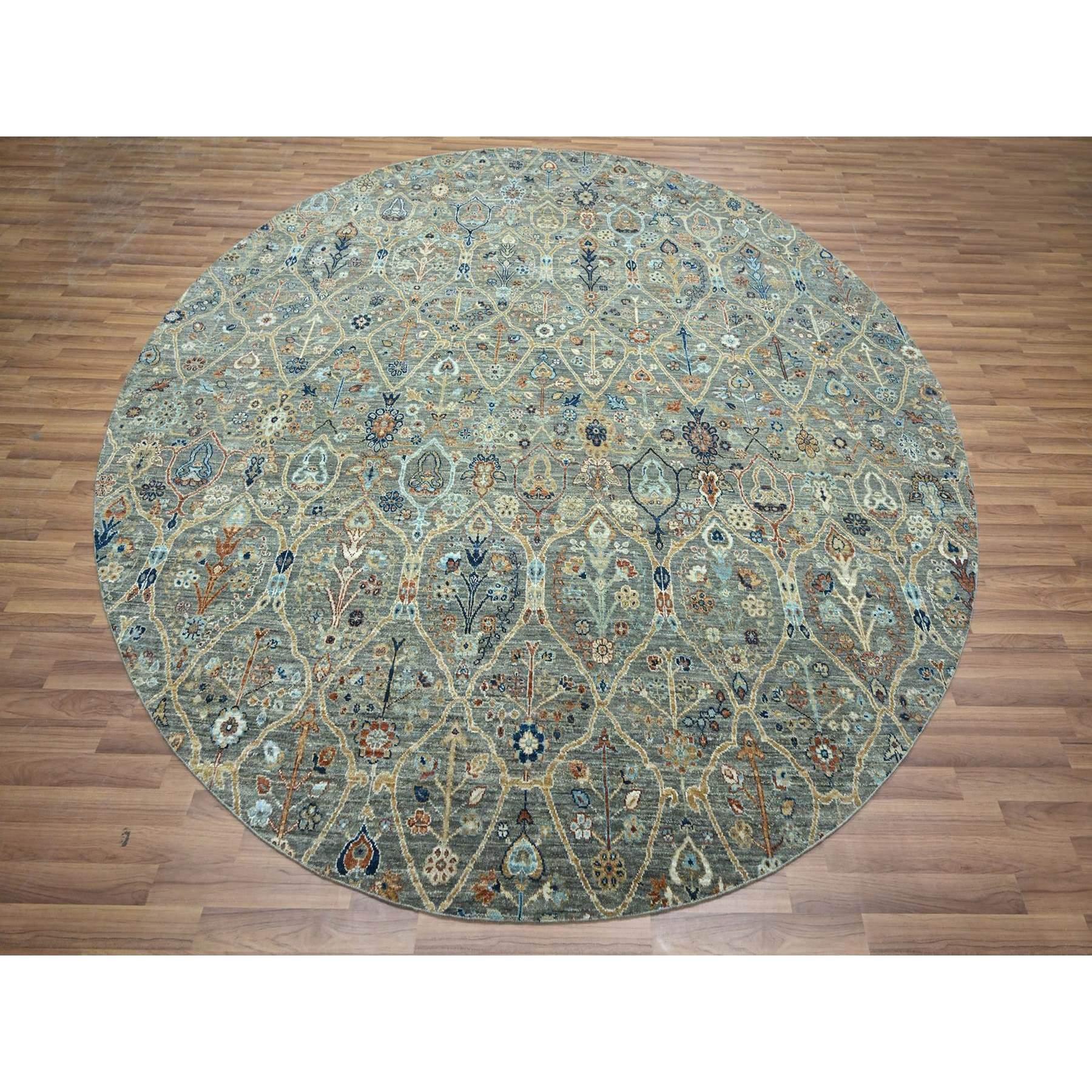 Basil Green, Hand Knotted, Trellis Borderless Garden Design, Agra, Hand Spun New Zealand Wool, Round, Oriental Rug
Primary materials: Wool
Latex: No Pile 
height: 0.25 Inches
Style: Transitional
Primary color: Green
Secondary colors: Navy Blue,