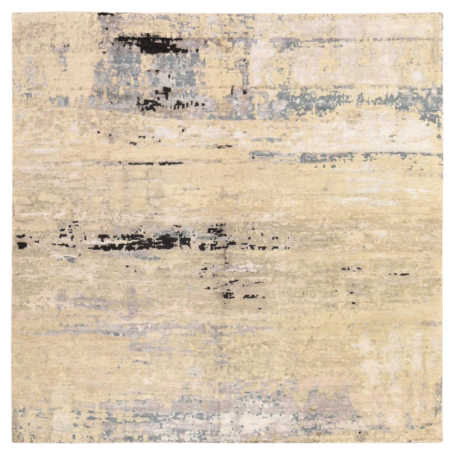 10'x10' Beige & Gray Abstract Design Hand Knotted Hi-Low Pile Wool & Silk Rug For Sale