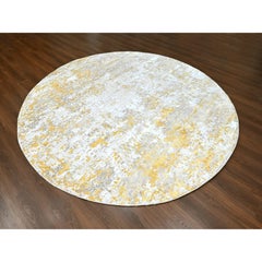 10'x10' Beige with Gold Abstract Design Wool and Silk Hand Knotted Round Rug