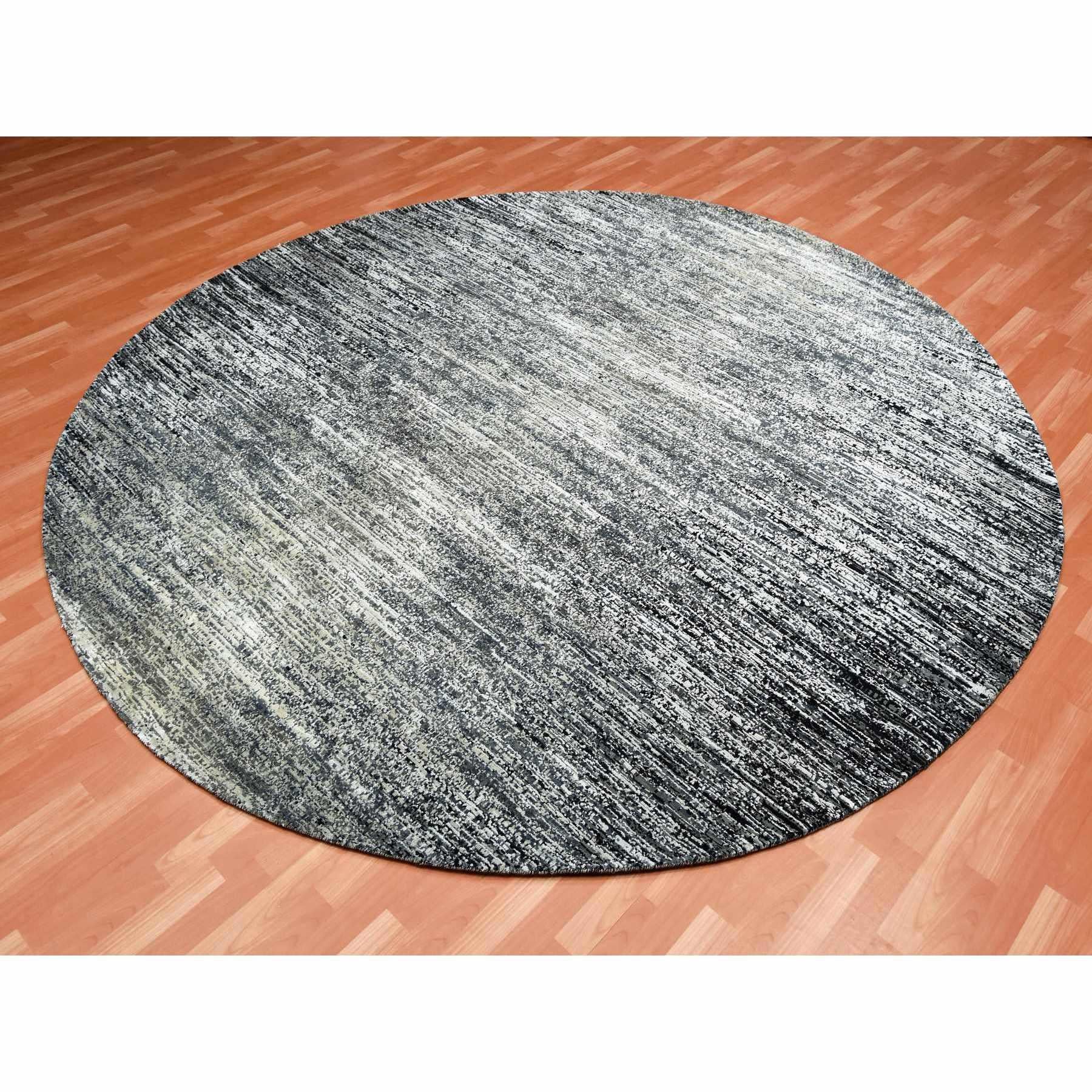 10'x10' Schwarz Striae Design Wolle und Seide Hand geknüpft Runde Orientteppich (Moderne) im Angebot