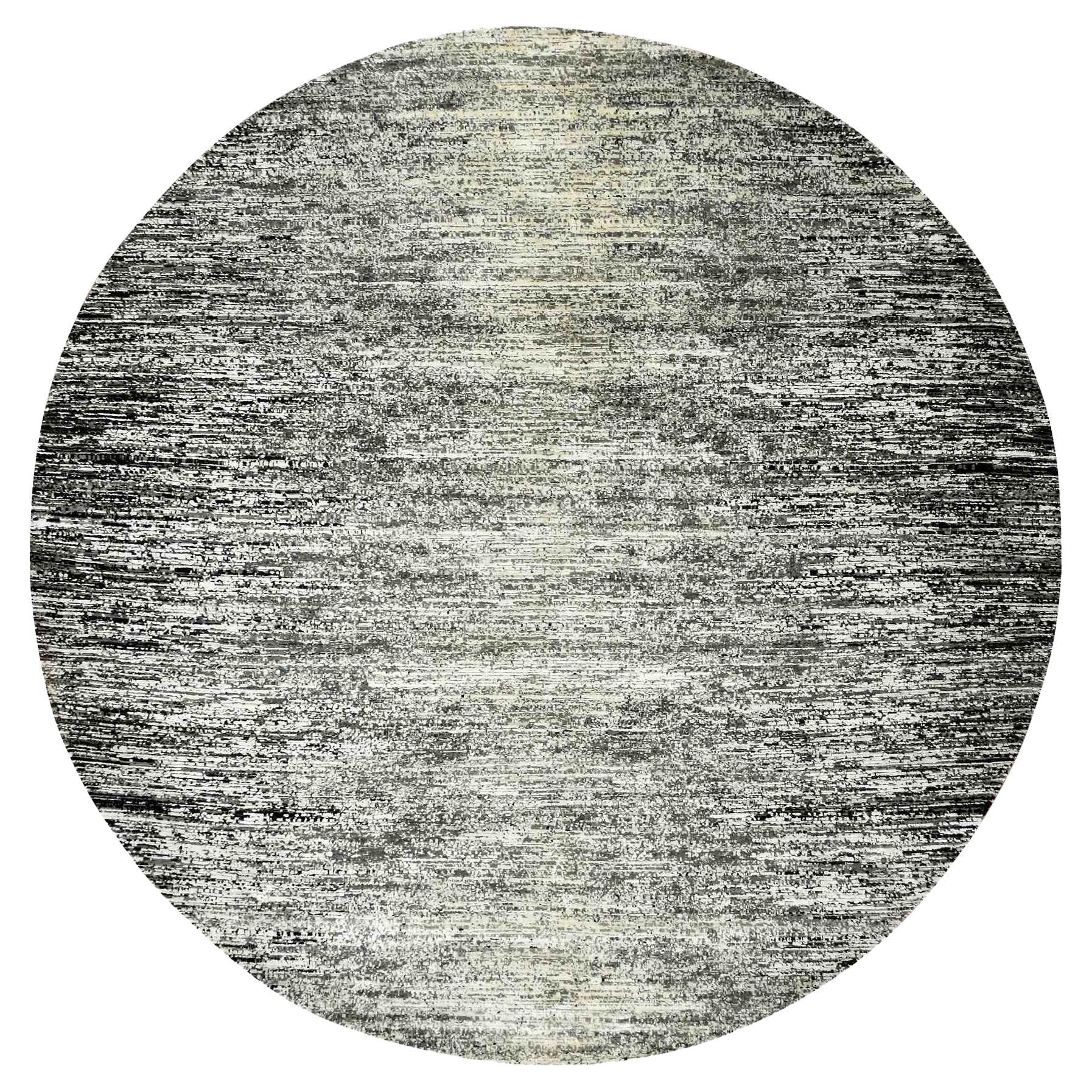 10'x10' Schwarz Striae Design Wolle und Seide Hand geknüpft Runde Orientteppich im Angebot