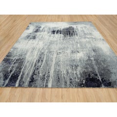 10'x10' Black with Ivory Abstract Design Wool and Silk Hand Knotted Square Rug
