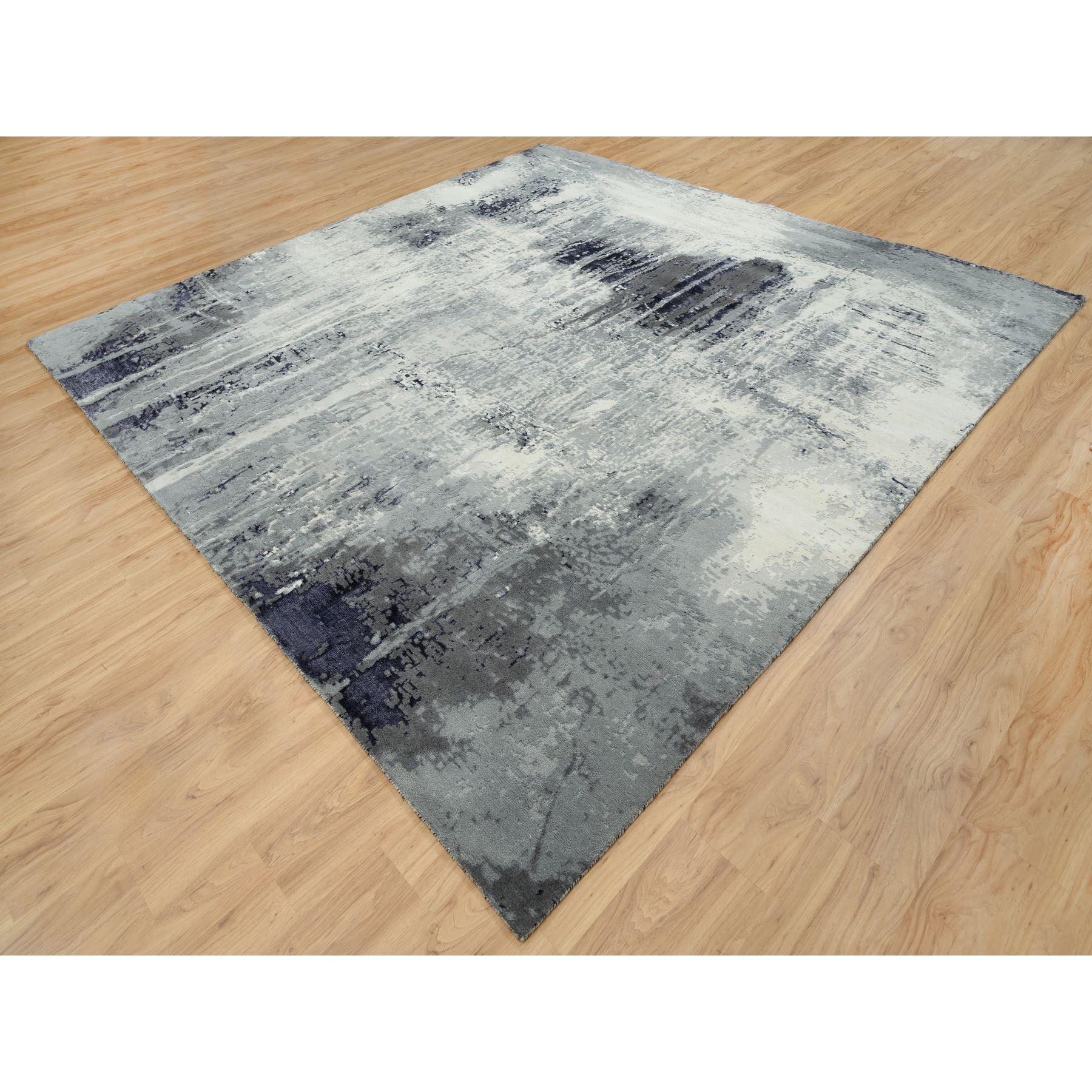 10'x10' Schwarzer handgeknüpfter quadratischer Teppich aus Wolle und Seide mit elfenbeinfarbenem abstraktem Design (Moderne) im Angebot