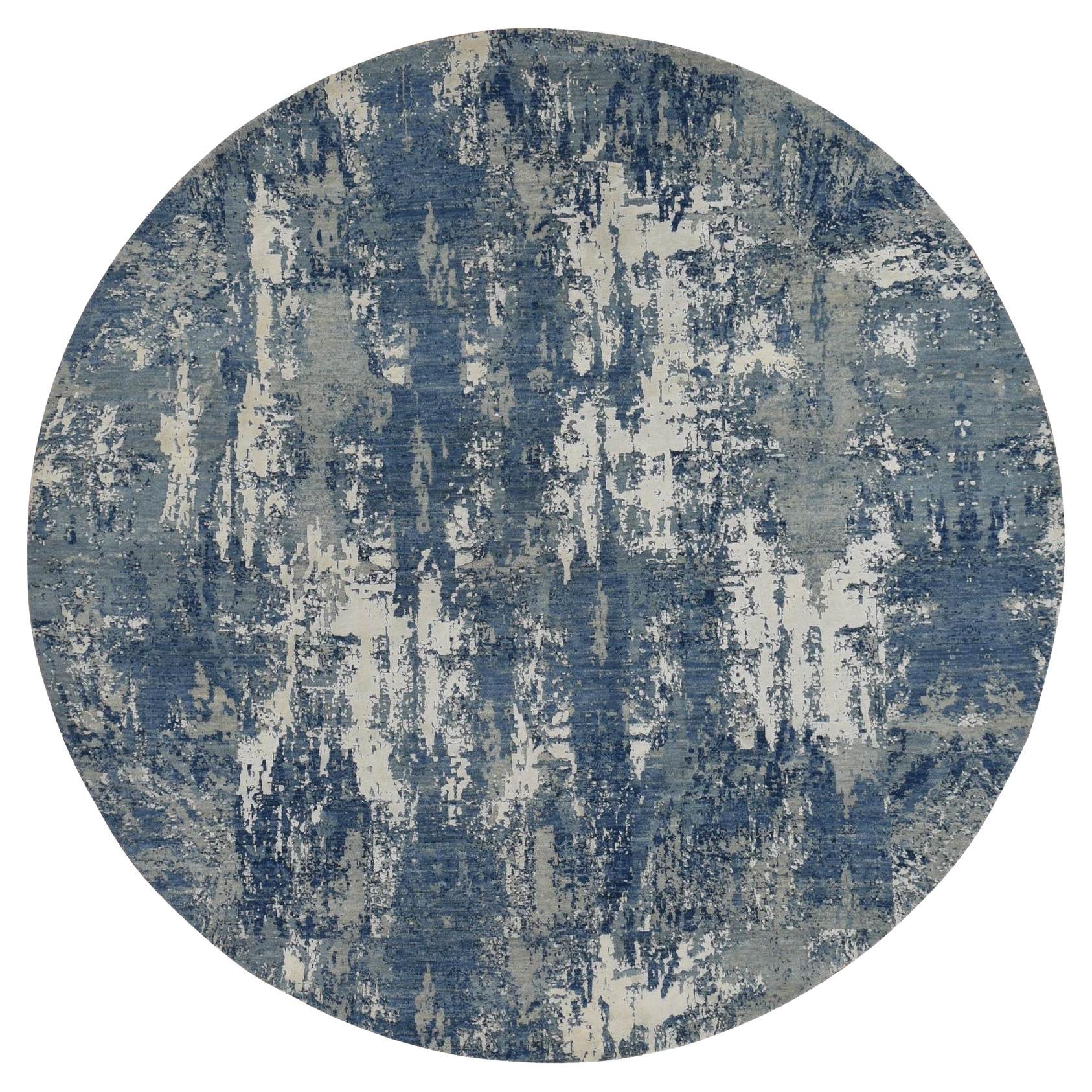 10'x10' Blue, Abstract Design, Wool and Pure Silk, Hand Knotted, Round Rug