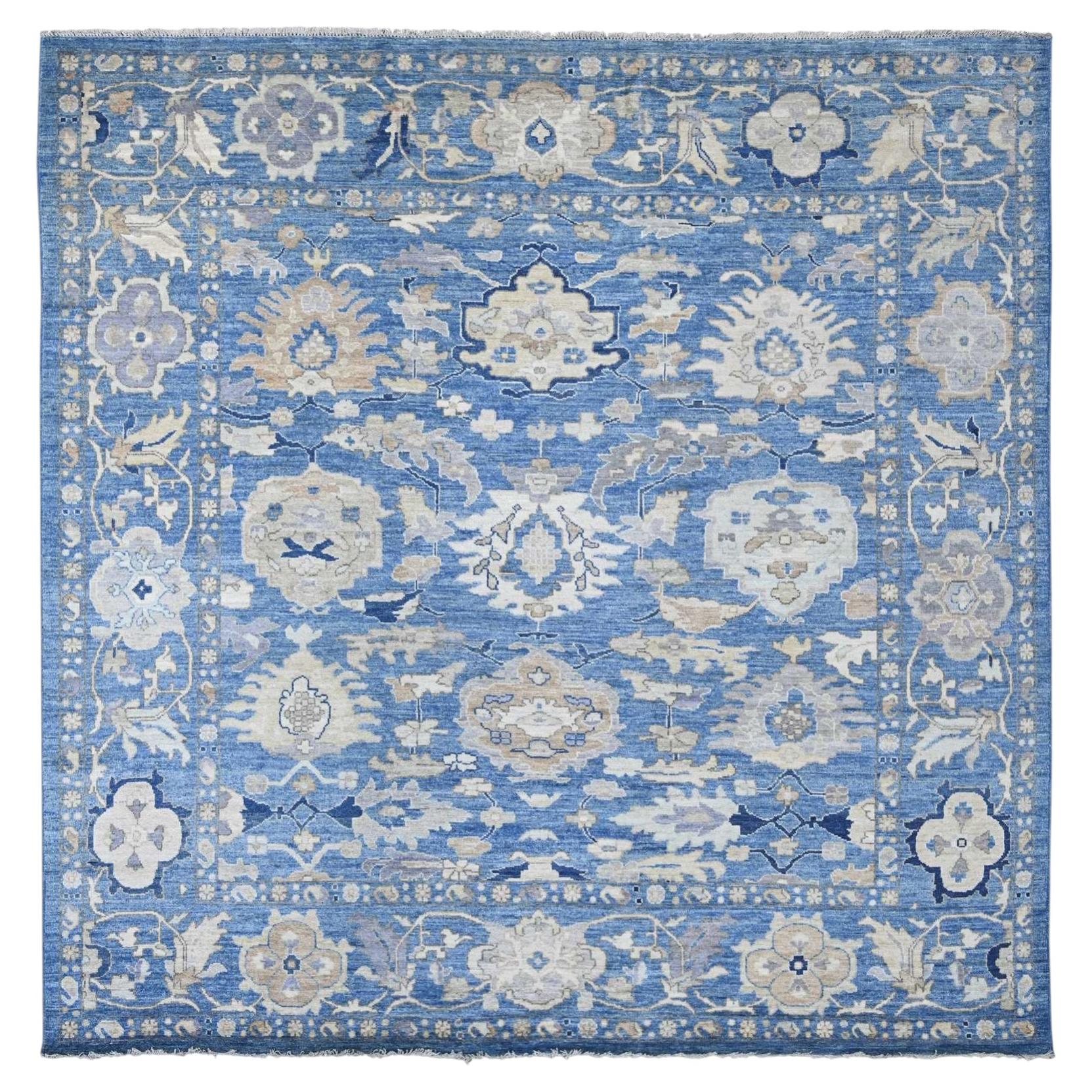 10'x10' Blue Afghan Angora Oushak Leaf Design Hand Knotted Wool Square Rug