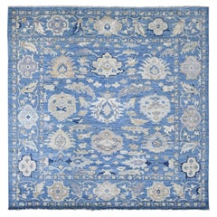 10'x10' Blau Afghan Angora Oushak Leaf Design Handgeknüpft Wolle Quadratisch Teppich