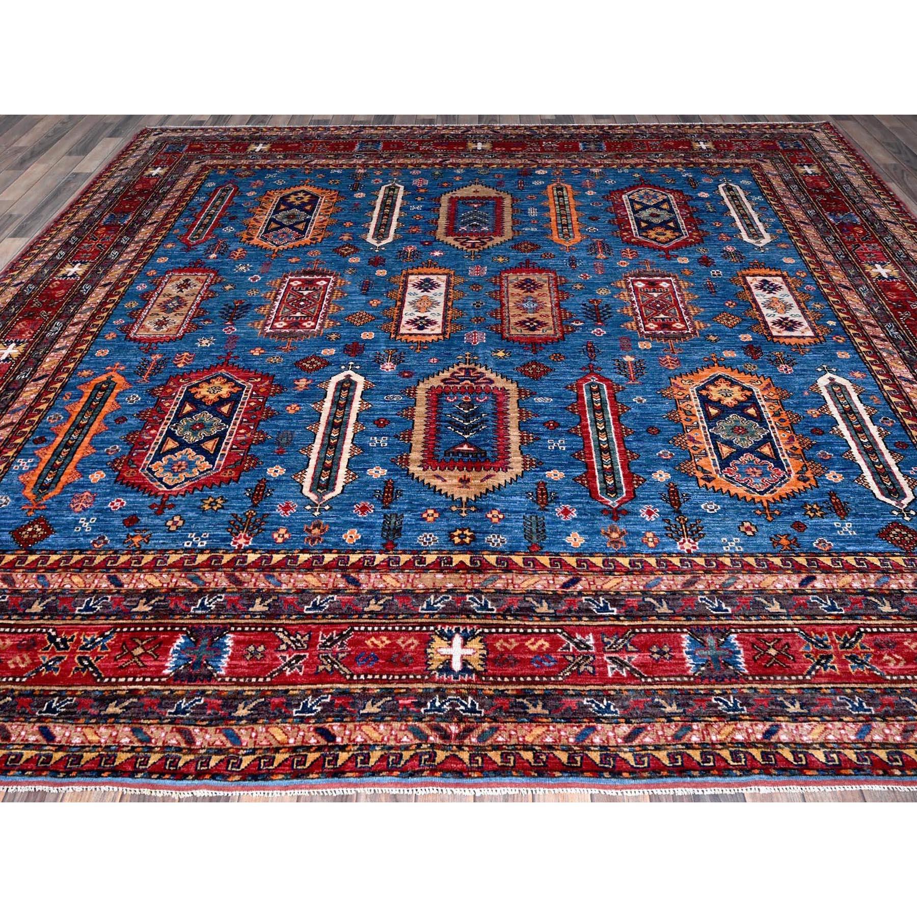Kazakh 10'x10' Blue Afghan Caucasian Design Revival Hand Knotted Soft Wool Square Rug en vente