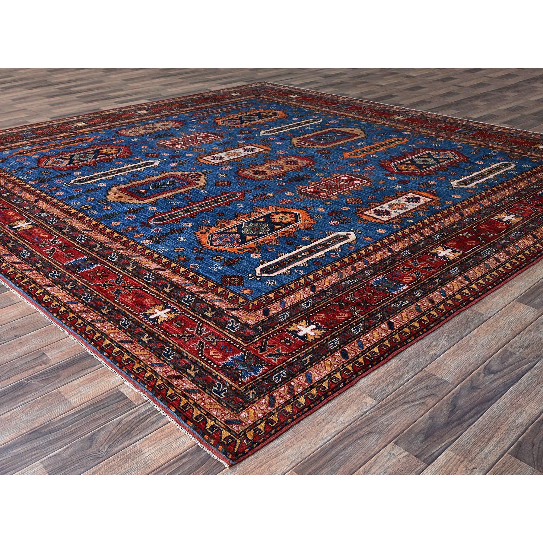 Noué à la main 10'x10' Blue Afghan Caucasian Design Revival Hand Knotted Soft Wool Square Rug en vente