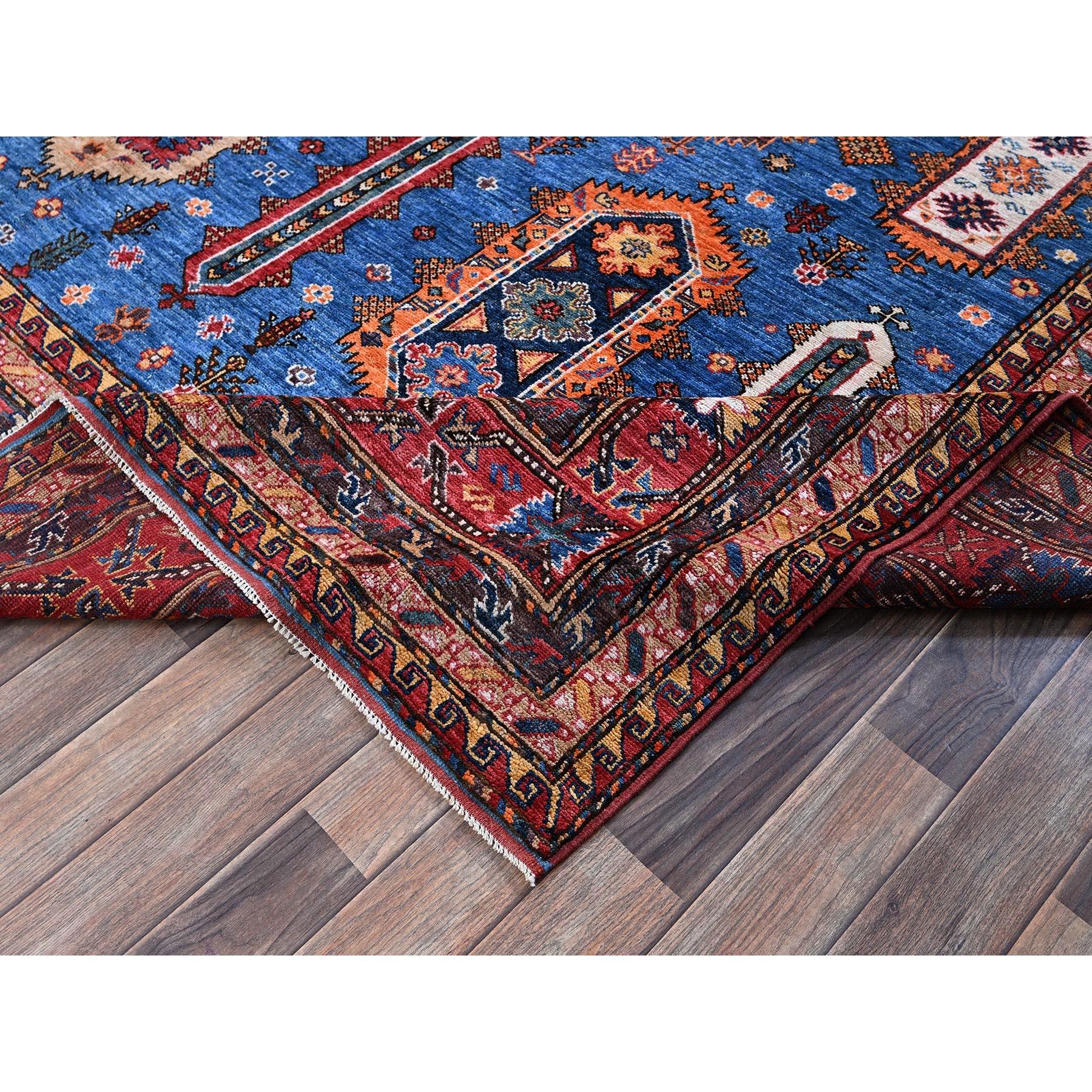 Laine 10'x10' Blue Afghan Caucasian Design Revival Hand Knotted Soft Wool Square Rug en vente