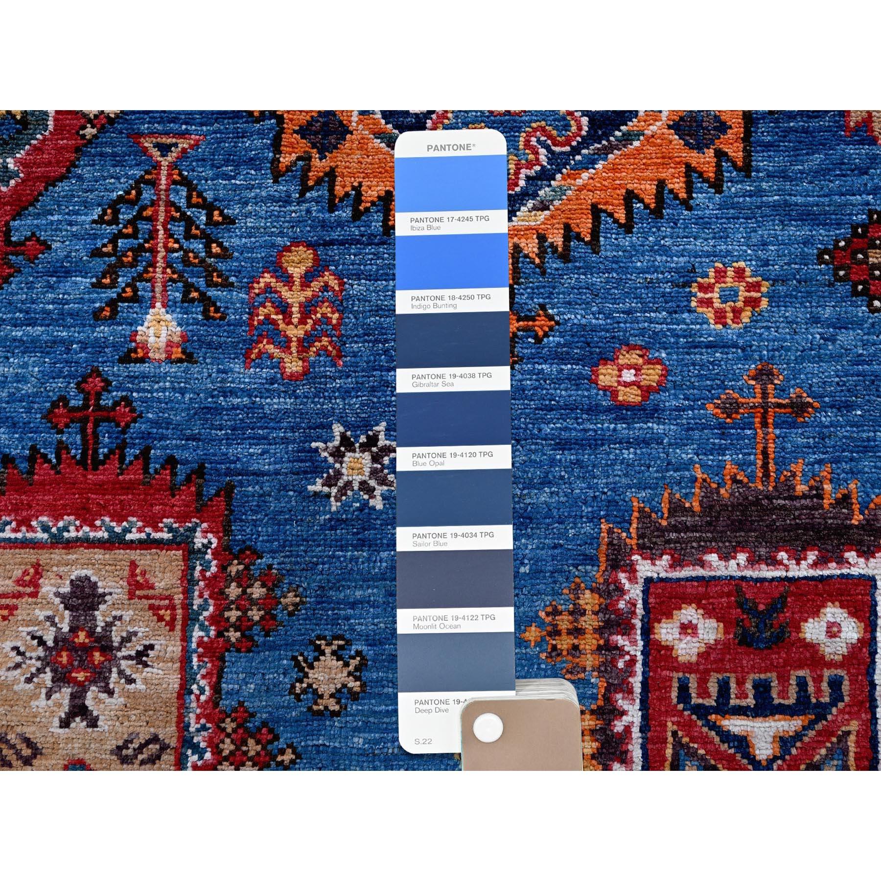 10'x10' Blue Afghan Caucasian Design Revival Hand Knotted Soft Wool Square Rug en vente 1