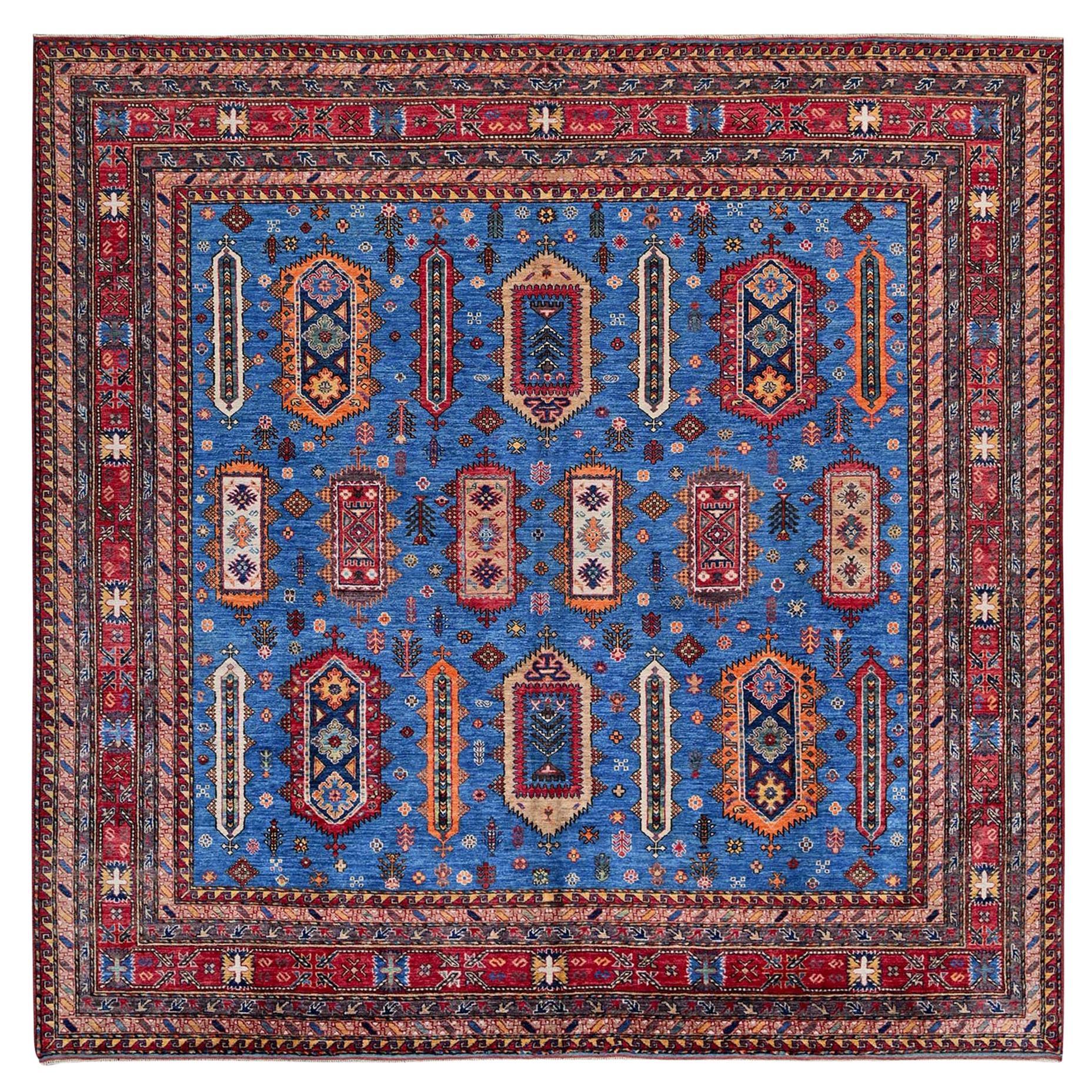 10'x10' Blue Afghan Caucasian Design Revival Hand Knotted Soft Wool Square Rug