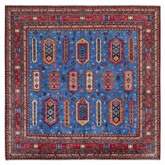 10'x10' Blue Afghan Caucasian Design Revival Hand Knotted Soft Wool Square Rug