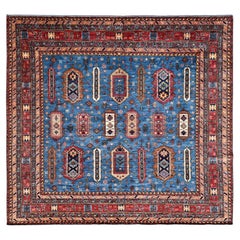 10'x10' Blue Afghan Ersari with Turkish Knot Hand Knotted Soft Wool Square Rug