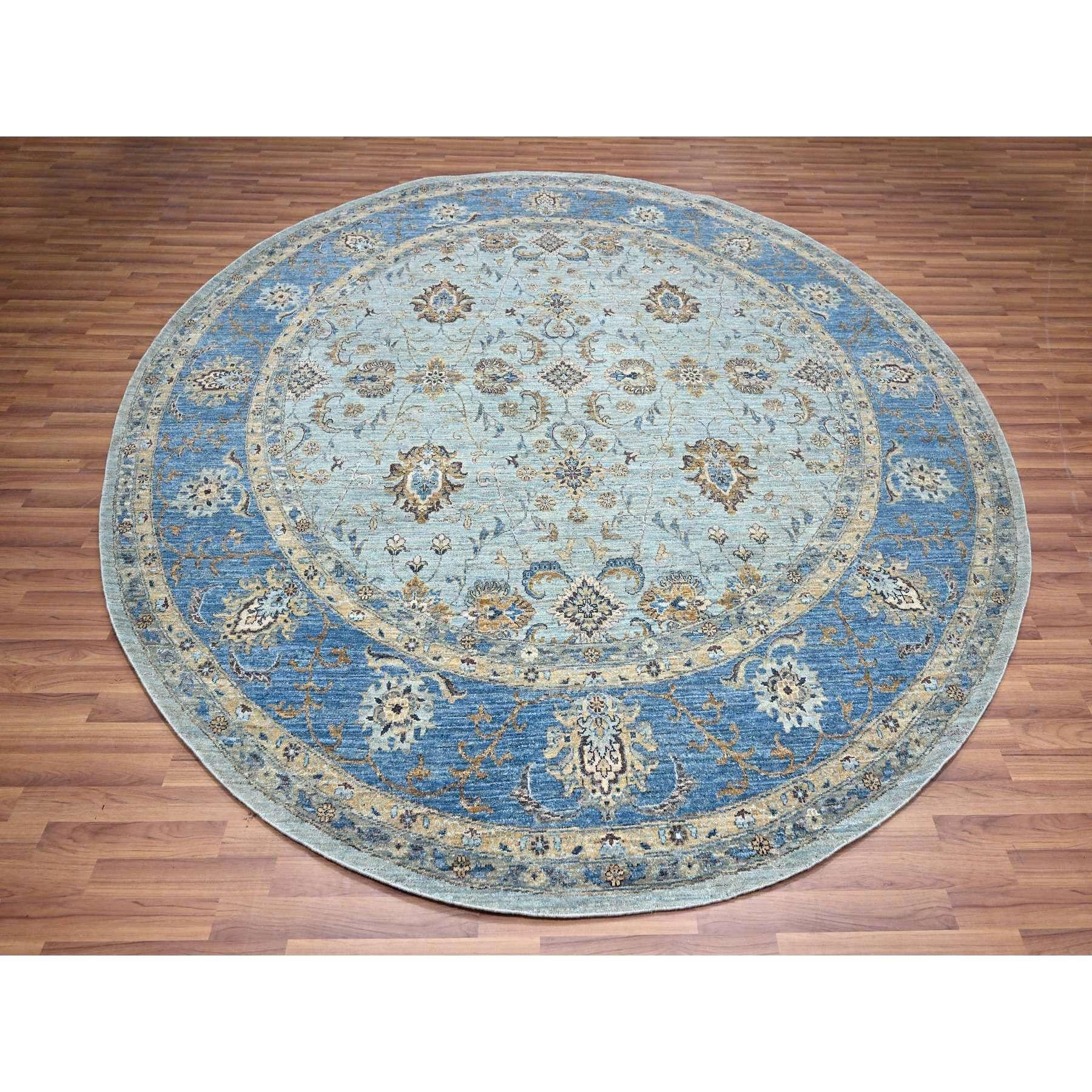 Light Cyan Blue, Agra, All Over Shah Abbas Flower Design, Veggie Dyes, Densely Woven, Natural Wool, Hand Knotted, Round, Oriental Rug
Primary materials: Wool
Latex: No Pile 
height: 0.25 Inches
Style: Transitional
Primary color: Blue
Secondary