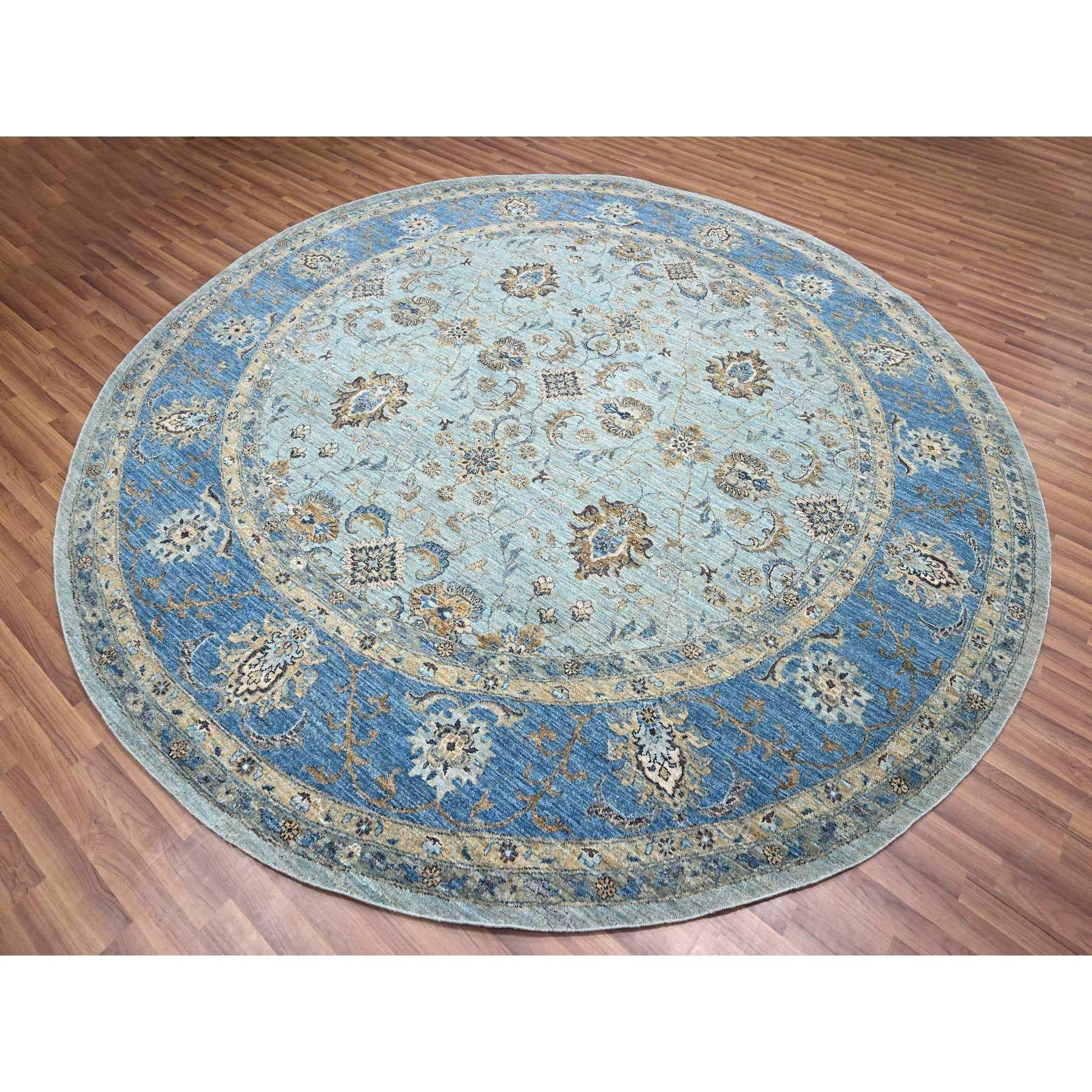 Indian 10'x10' Blue Agra All Over  Abbas Flower Design Hand Knotted Pure Wool Round For Sale