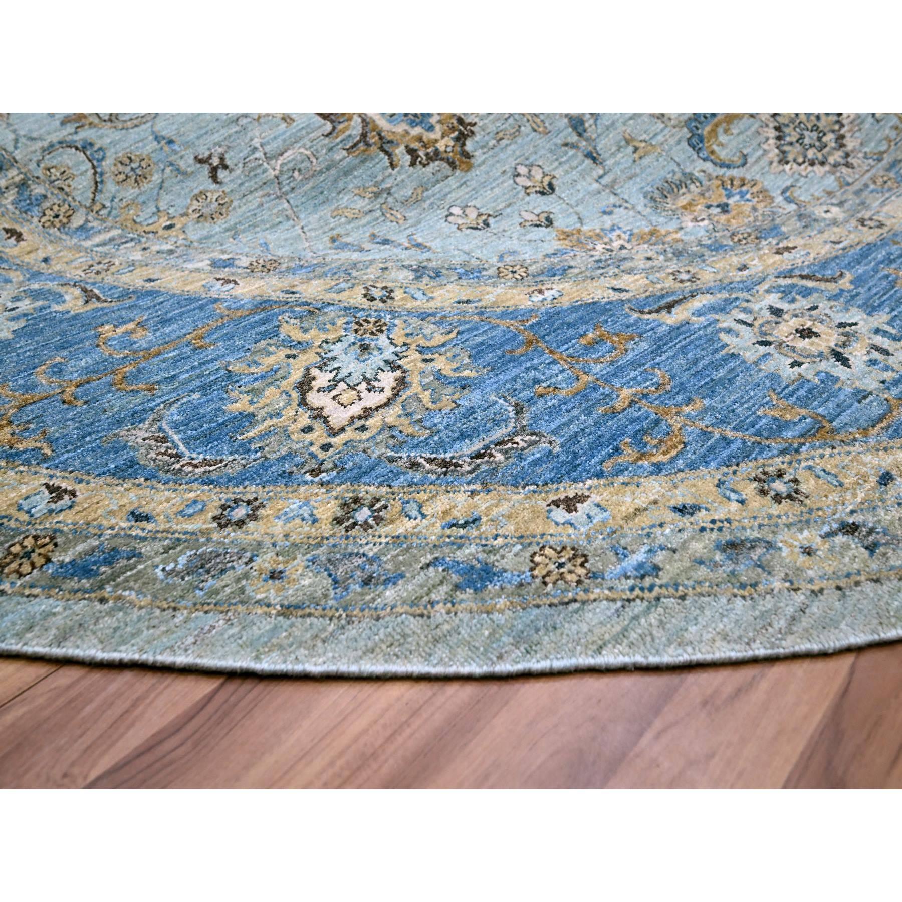 Contemporary 10'x10' Blue Agra All Over  Abbas Flower Design Hand Knotted Pure Wool Round For Sale