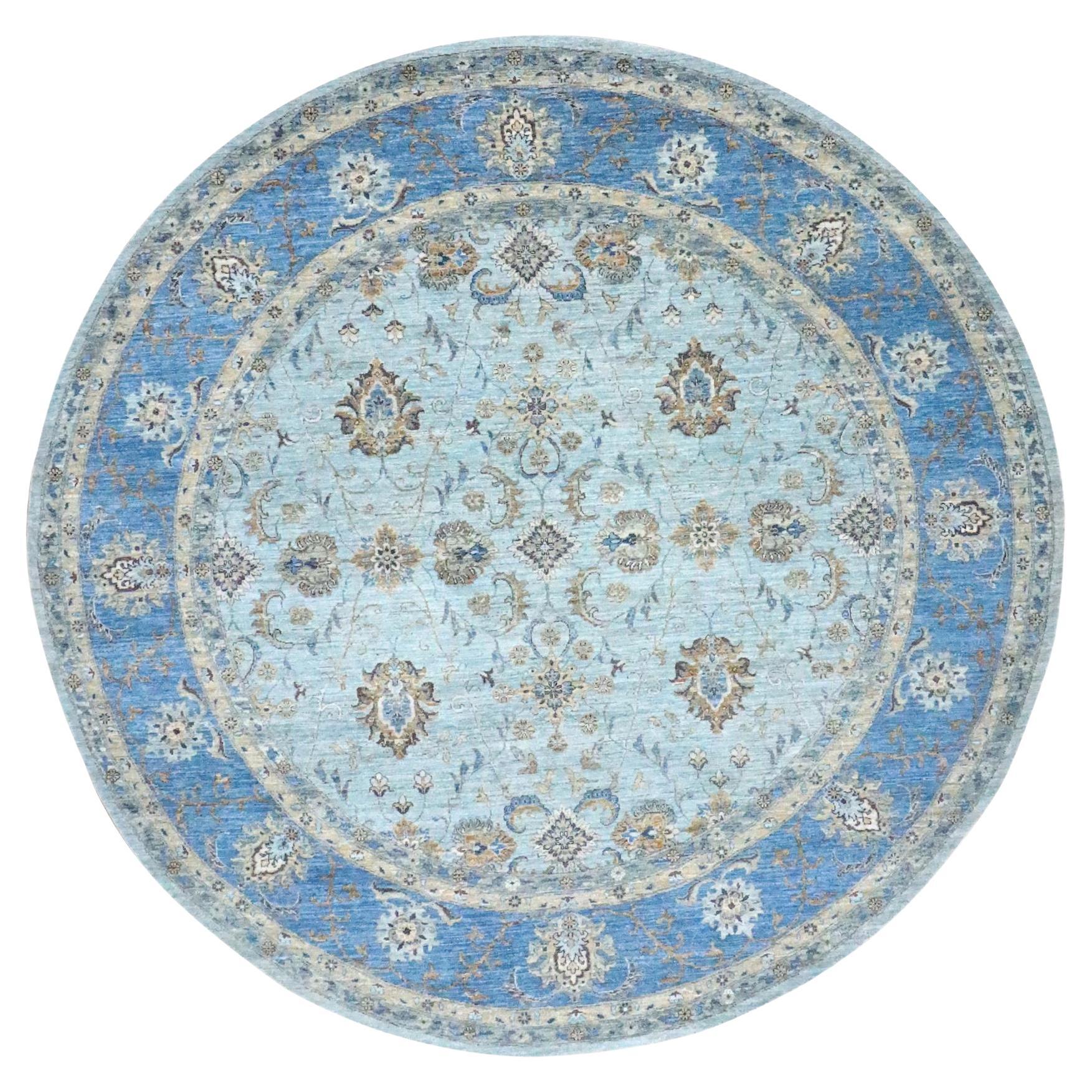 10'x10' Blue Agra All Over  Abbas Flower Design Hand Knotted Pure Wool Round For Sale