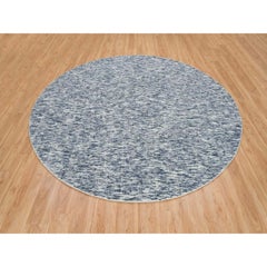 10'x10' Blue and Ivory, Pure Wool, Hand Loomed Modern Striae Design Round Rug