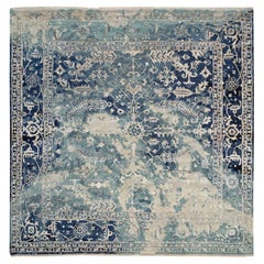 10'x10' Blau-Teal Persischer Heriz Erased Quadratischer handgeknüpfter Teppich aus Wolle und Seide
