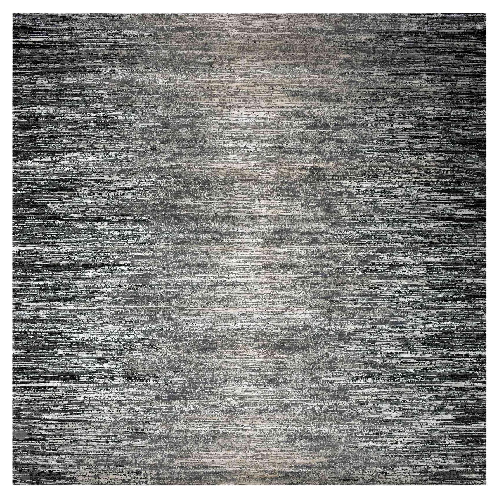 10'x10' Bohemian Black annodato a mano e moderno tappeto quadrato astratto in lana e seta in vendita