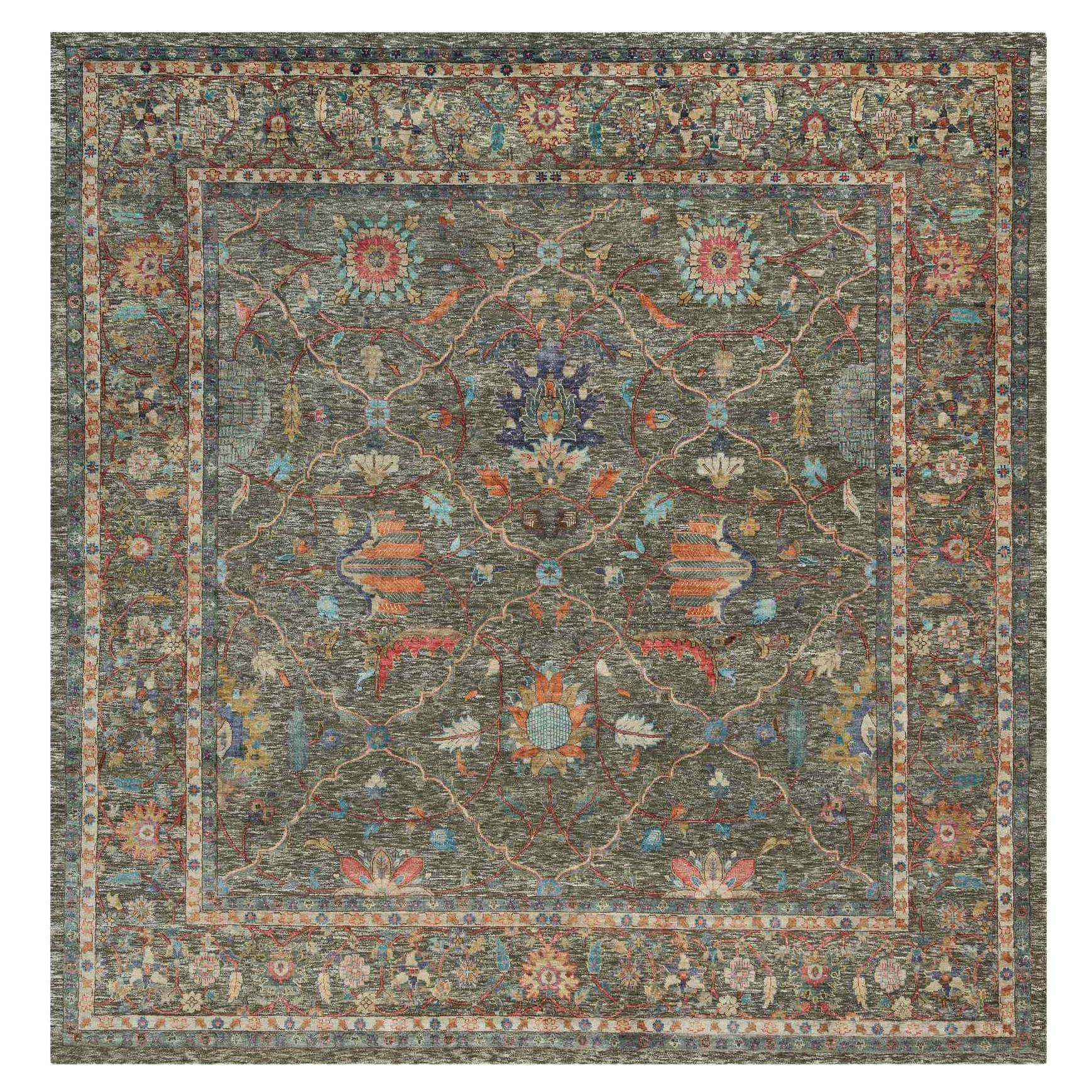 10
x10
 Brauner Striae Muster Handgeknüpft Texturierte Wolle und Seide Quadratischer Teppich im Angebot