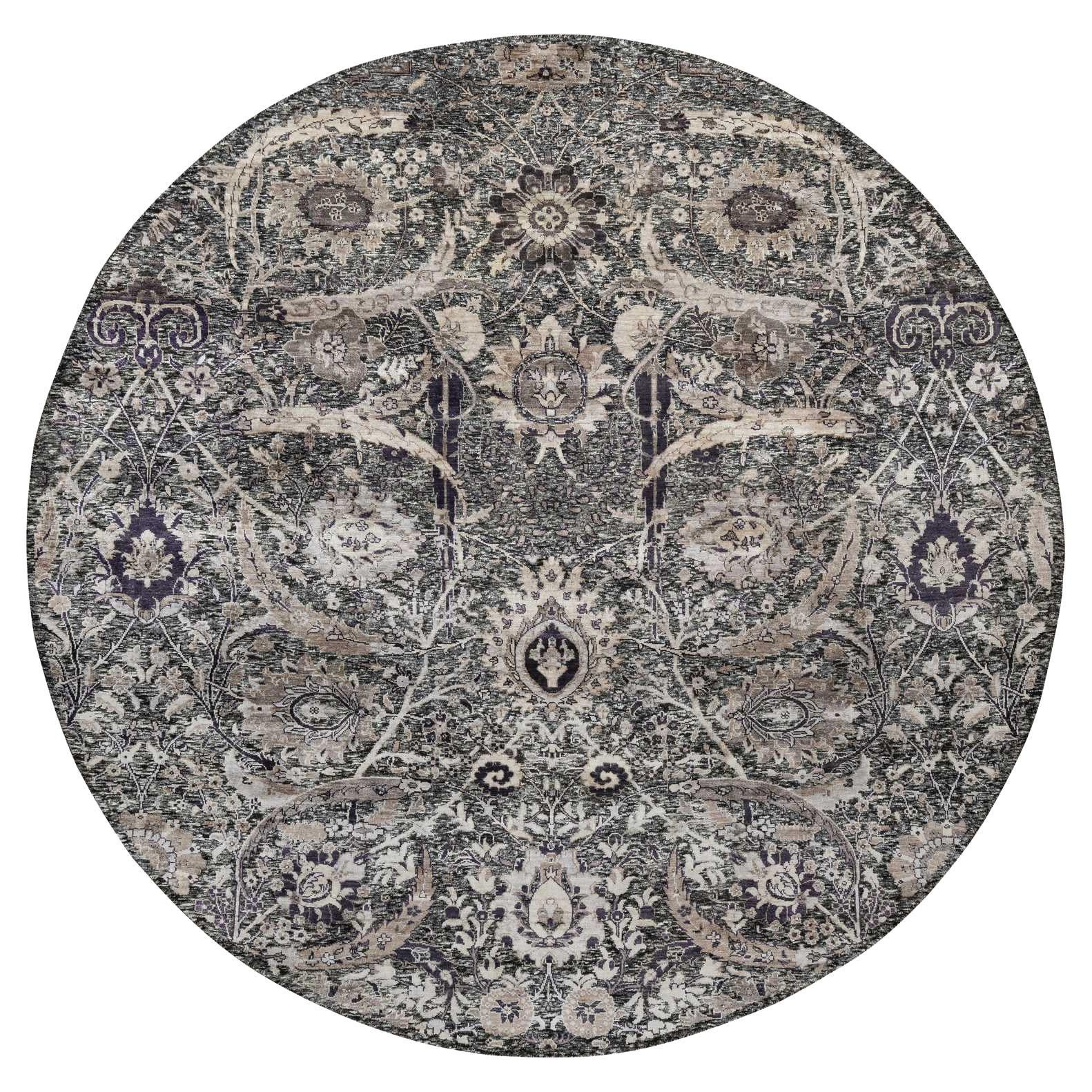 10'x10' Brown Wool and Silk Hand Knotted Sickle Leaf Design Round Oriental Rug