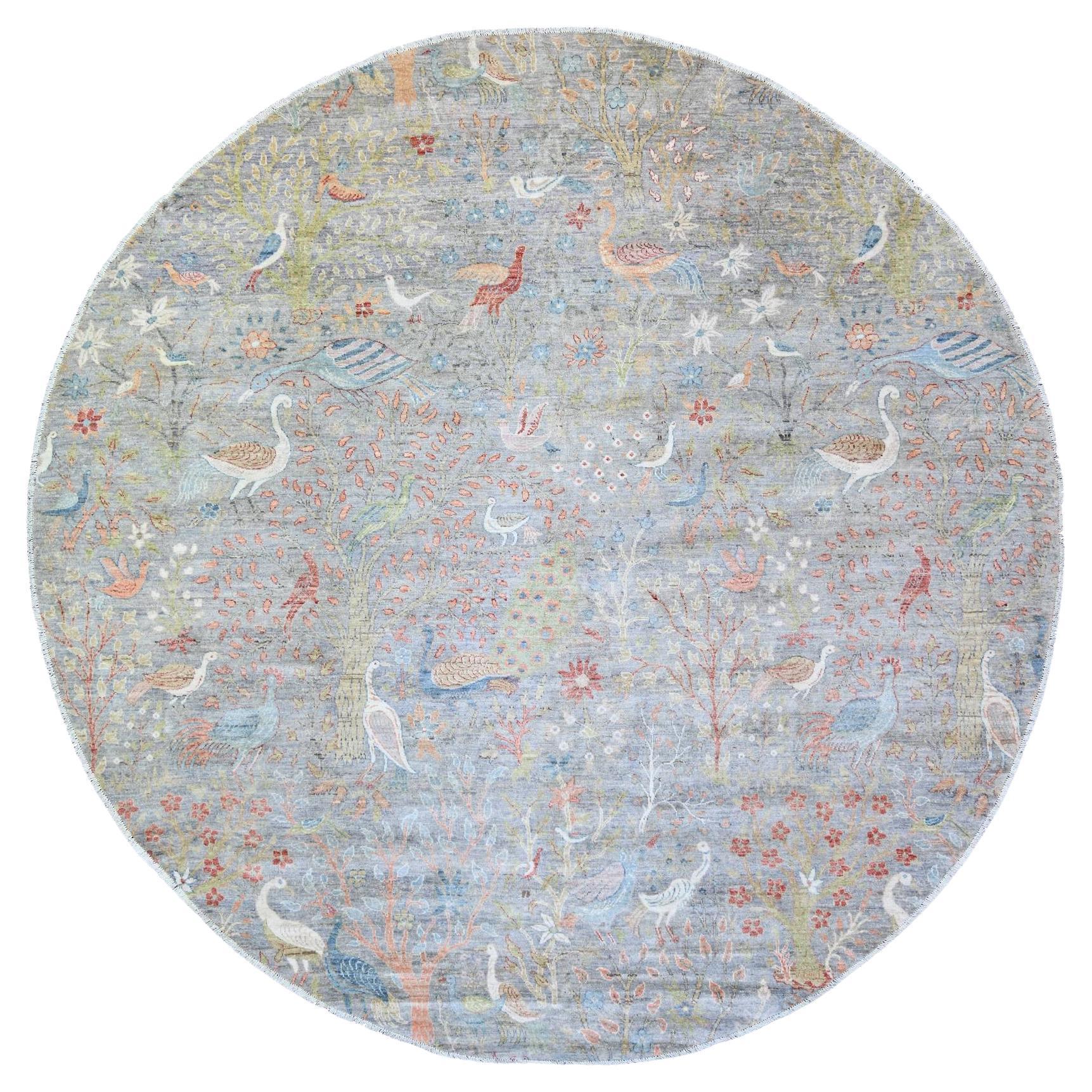 10'x10' Cadet Grey Natural Wool Hand Knotted Birds of Paradise Oriental Rug For Sale