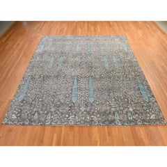 10'x10' Charcoal Black Cypress Tree Design Silk Hand Knotted Square Rug