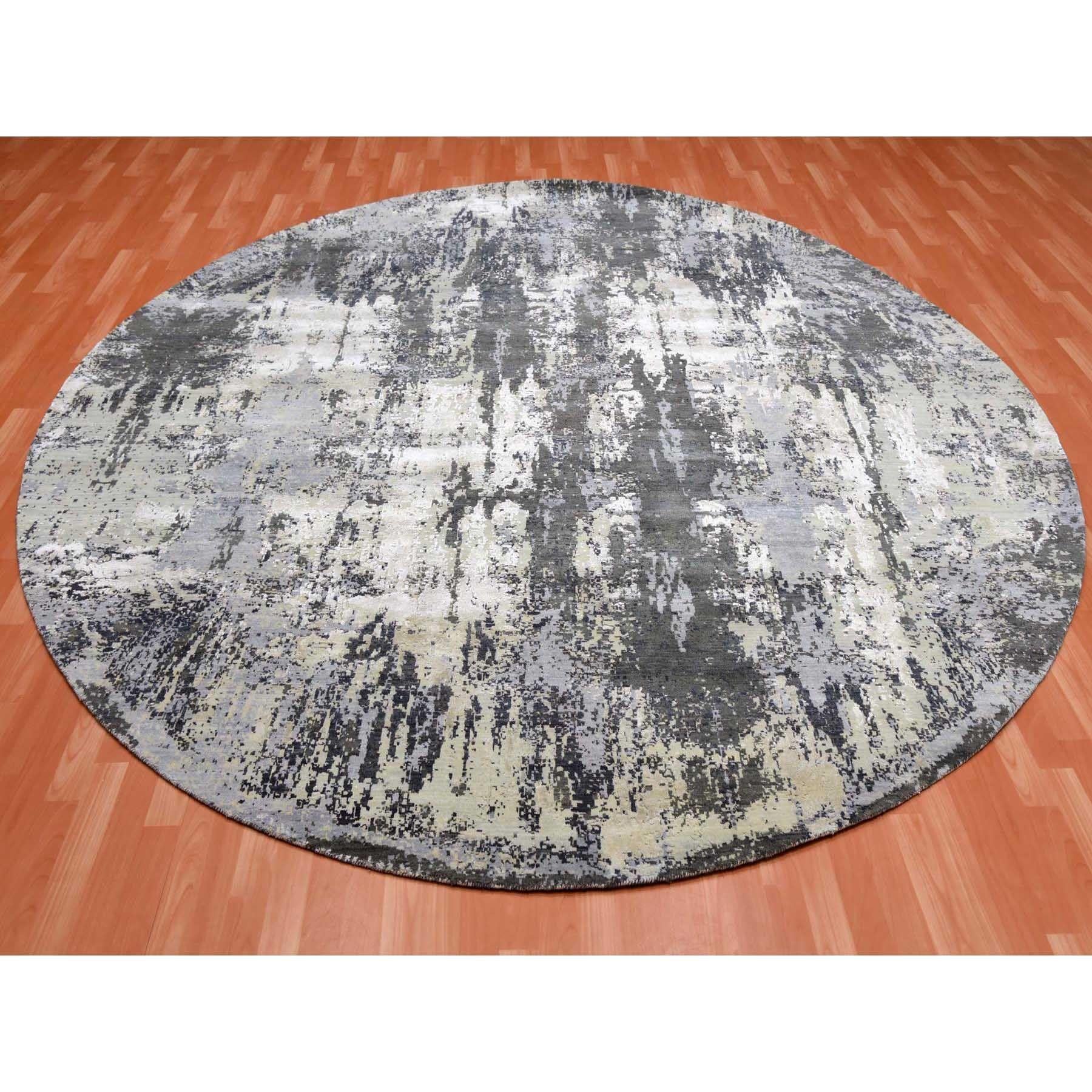 Moderno 10'x10' Tappeto rotondo grigio antracite in lana e seta a trama fitta annodato a mano in vendita