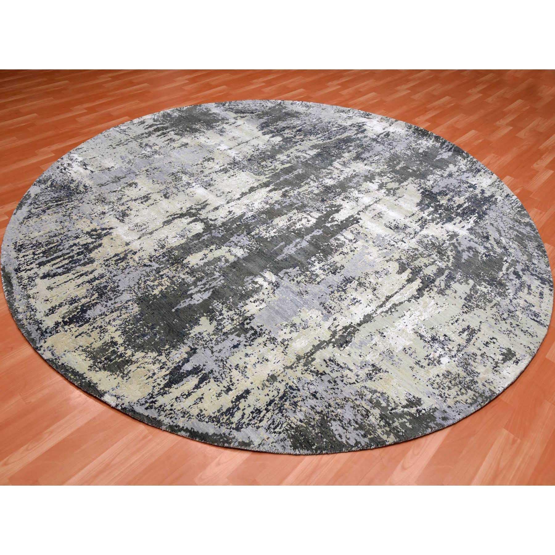 Indiano 10'x10' Tappeto rotondo grigio antracite in lana e seta a trama fitta annodato a mano in vendita