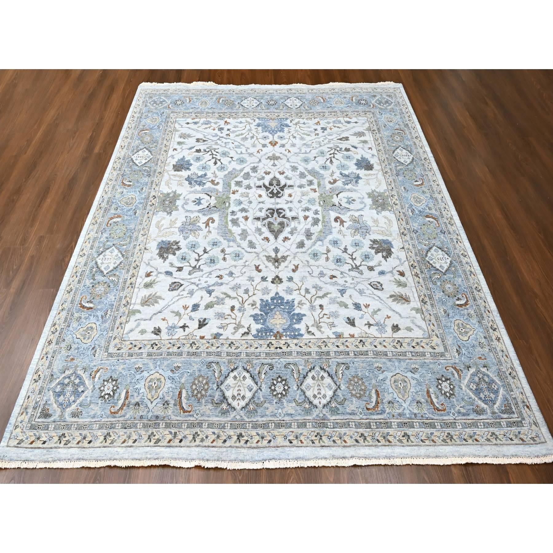 Chiffon White, Hand Knotted, Denser Weave, Oushak with Floral Motifs, Pure Wool, Square, Oriental Rug
Primary materials: Wool
Latex: No Pile
height: 0.25 Inches
Style: Transitional
Primary color: Ivory
Secondary colors: Green, Black, Brown, Light