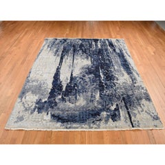 10'x10' Denim Blue Wool and Silk Shibori Design Tone on Tone Hand Knotted Rug
