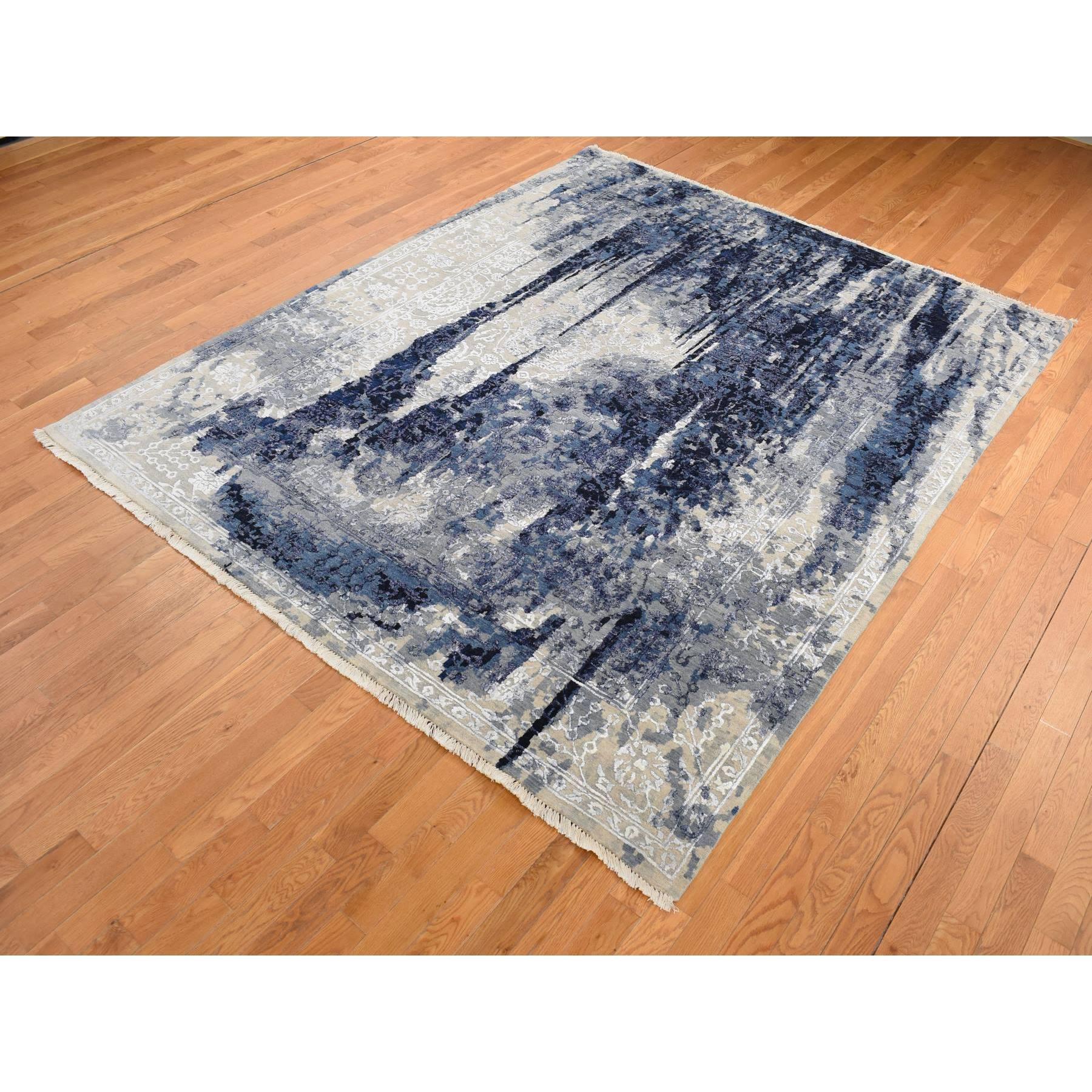 Medievale 10'x10' Tappeto blu denim in lana e seta con disegno Shibori tono su tono annodato a mano in vendita