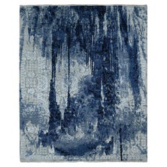 Alfombra anudada a mano con diseño Shibori de lana y seda azul vaquero tono sobre tono de 10'x10'