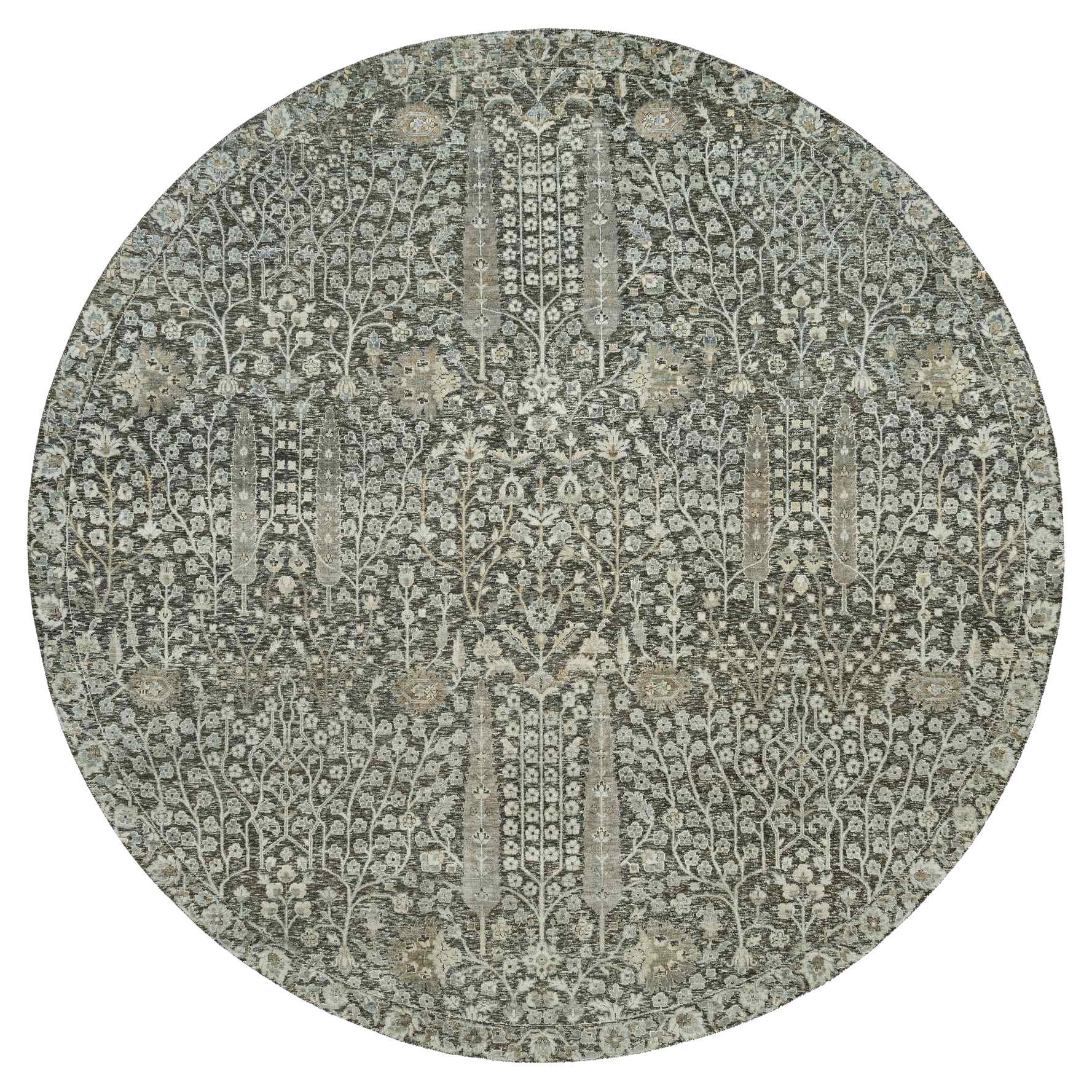 10'x10' Falcon Gray Willow and Cypress Tree Wool Hand Knotted Round Rug For Sale