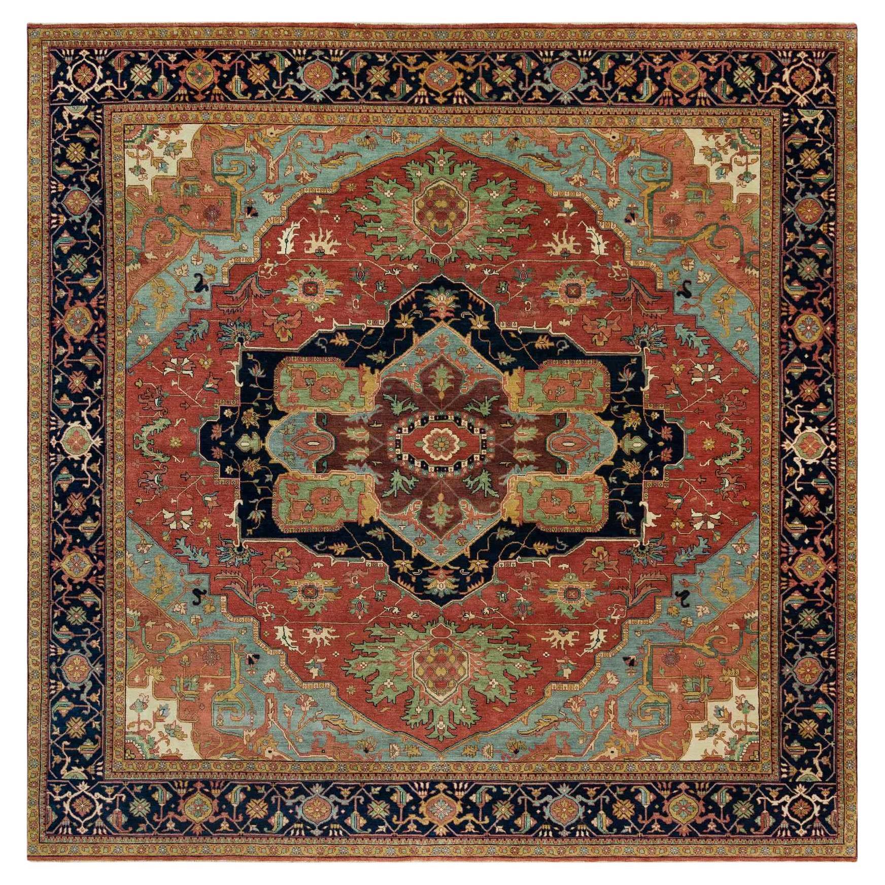 10'x10' Feuersteinroter antiker, handgeknüpfter, quadratischer, antiker, feiner Heris-Teppich aus Wolle