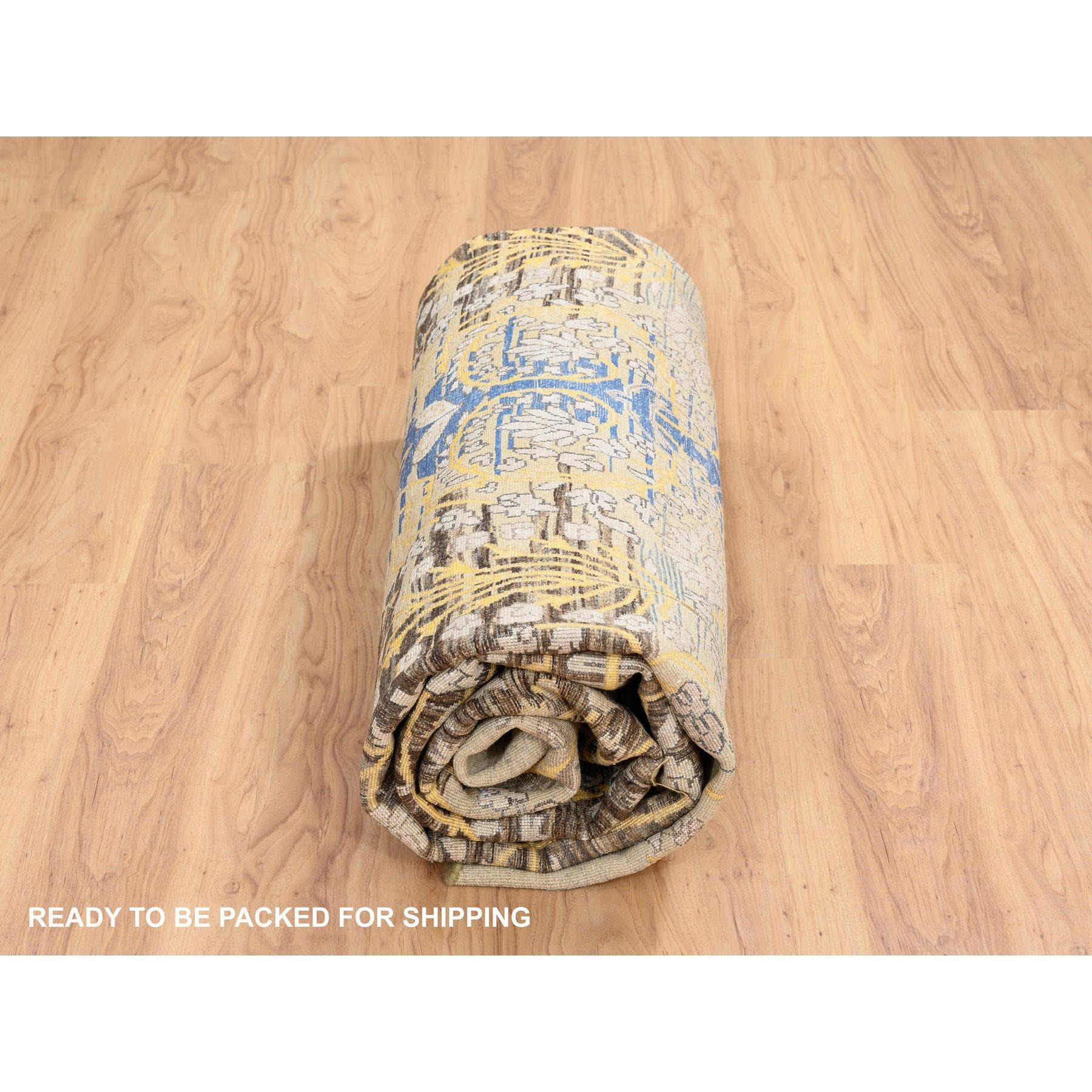 10'x10' Gold Braun Handgeknüpft Transitional Sarouk Seide Mit Wolle Rund Teppich im Angebot 4
