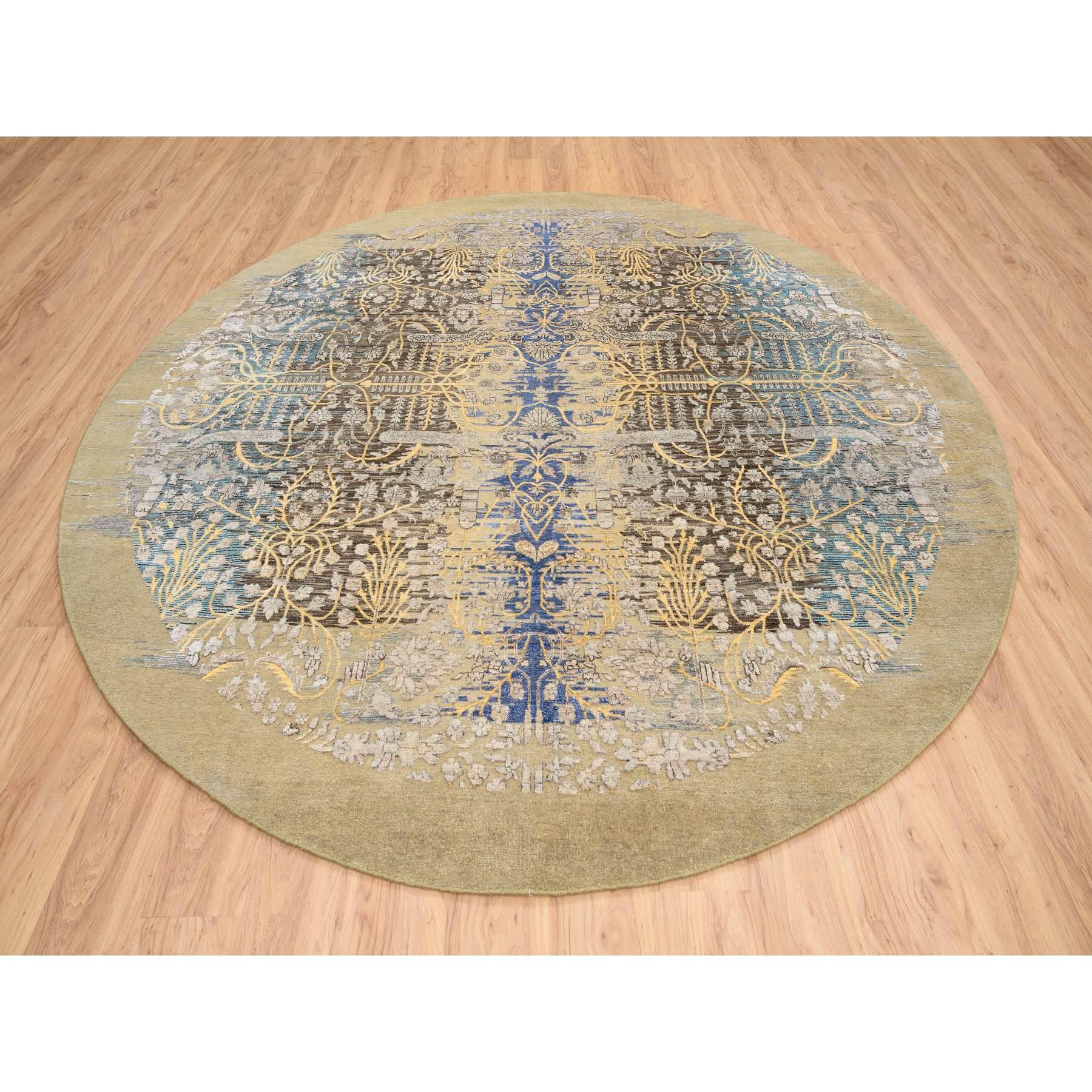 10'x10' Gold Braun Handgeknüpft Transitional Sarouk Seide Mit Wolle Rund Teppich (Sarouk Farahan) im Angebot