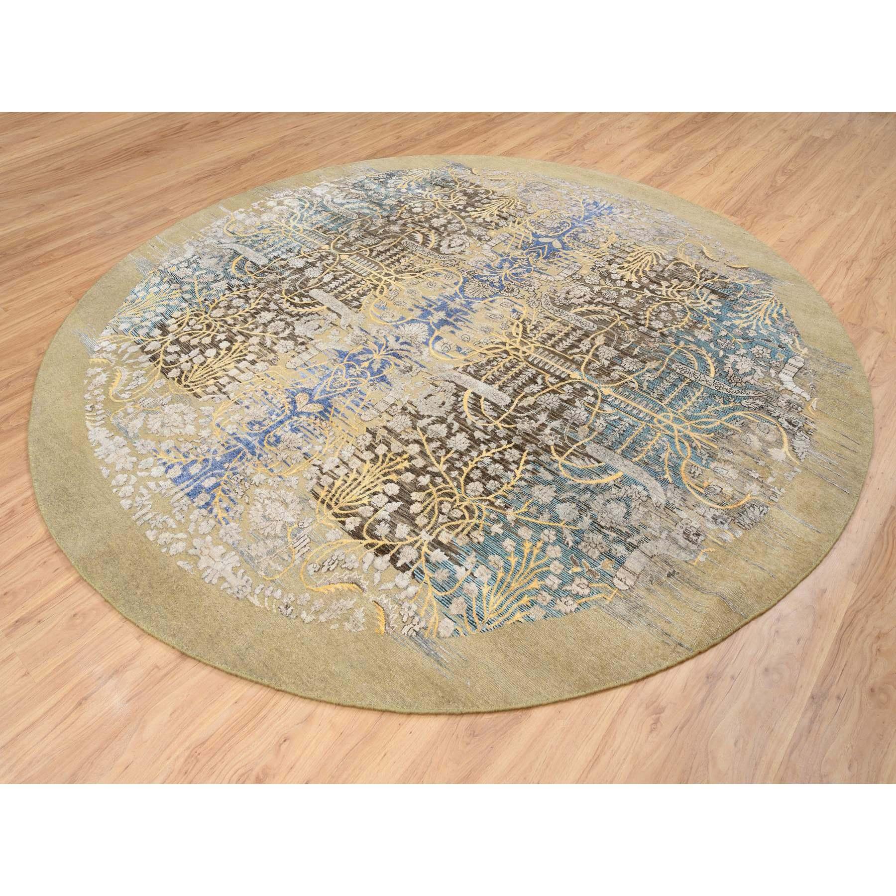 10'x10' Gold Braun Handgeknüpft Transitional Sarouk Seide Mit Wolle Rund Teppich (Indisch) im Angebot