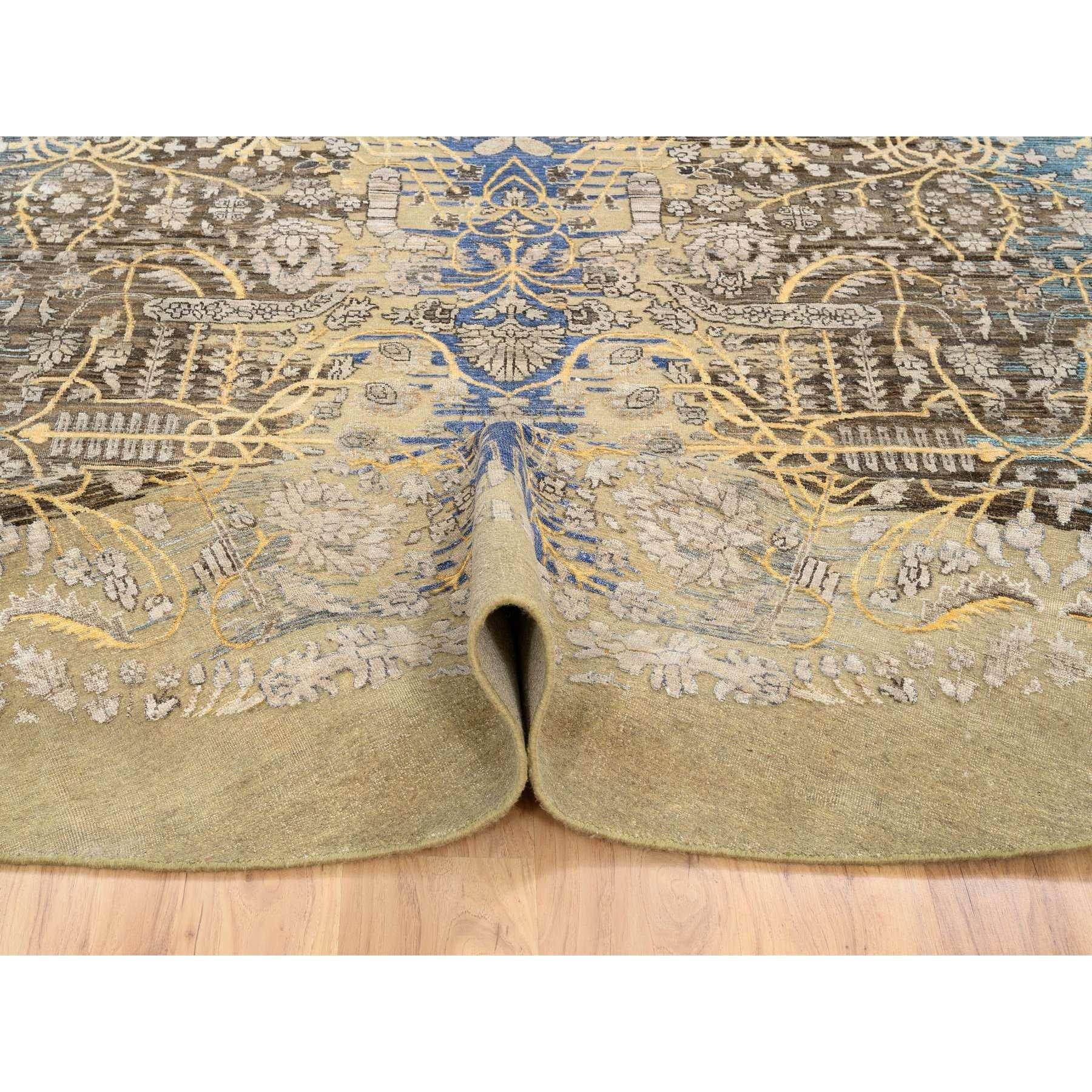 10'x10' Gold Braun Handgeknüpft Transitional Sarouk Seide Mit Wolle Rund Teppich (21. Jahrhundert und zeitgenössisch) im Angebot