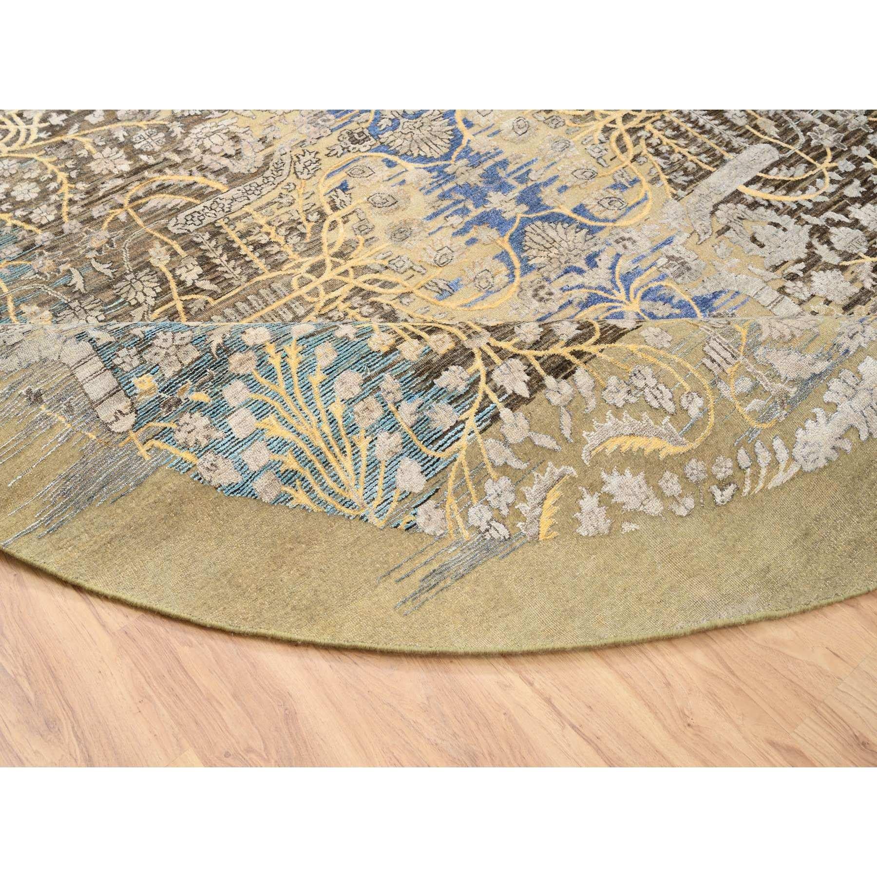 10'x10' Gold Braun Handgeknüpft Transitional Sarouk Seide Mit Wolle Rund Teppich im Angebot 1