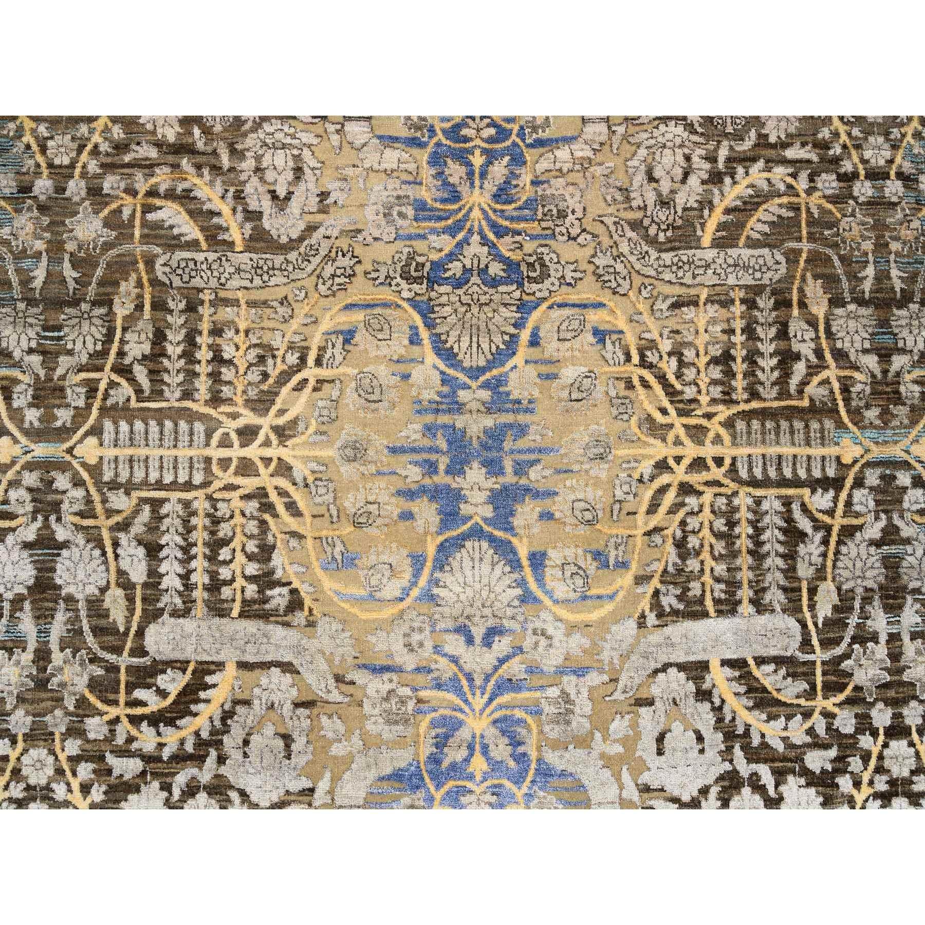 10'x10' Gold Braun Handgeknüpft Transitional Sarouk Seide Mit Wolle Rund Teppich im Angebot 3