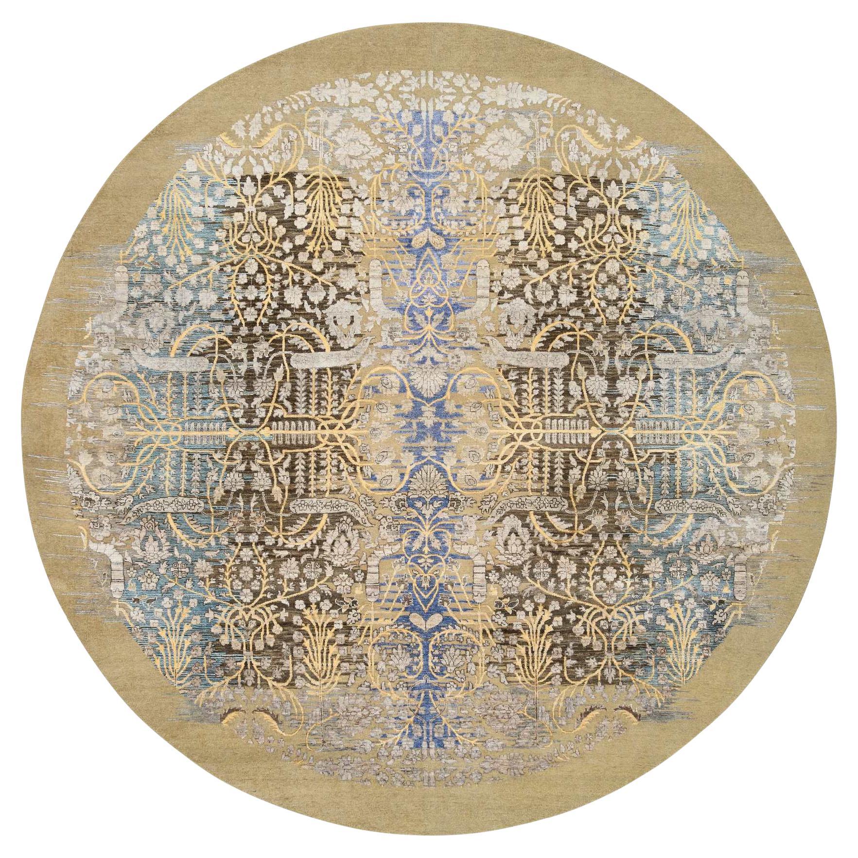 10'x10' Gold Braun Handgeknüpft Transitional Sarouk Seide Mit Wolle Rund Teppich im Angebot