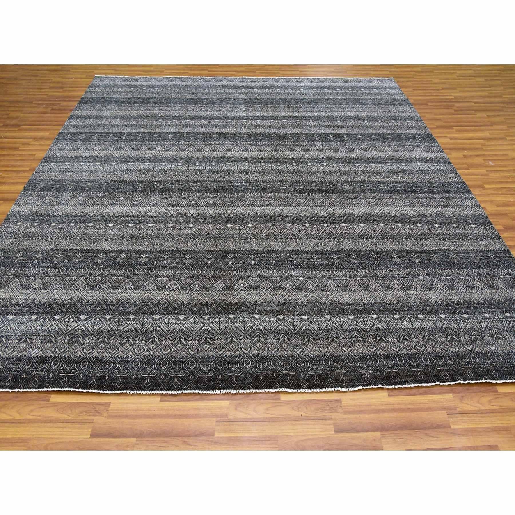 Arsenic Gray, 100% Plush Wool, Hand Knotted, Kohinoor Herat Small Geometric Repetitive Design, Square Oriental Rug
Primary materials: Wool
Latex: No Pile 
height: 0.25 Inches
Style: Transitional
Primary color: Grey
Secondary colors: Black, Ivory,