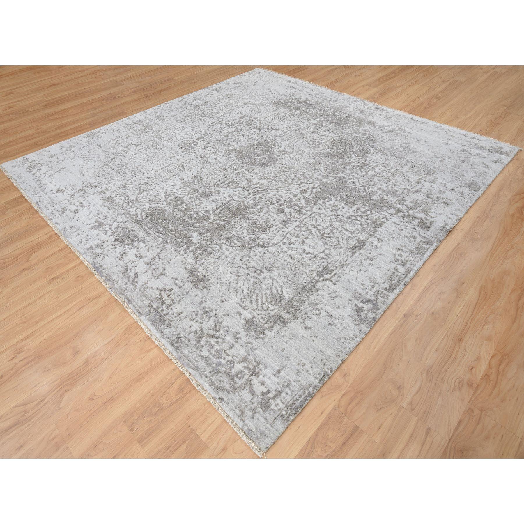 Medieval 10'x10' Gray Broken Persian Design Hand Knotted Wool and Silk Square Rug For Sale