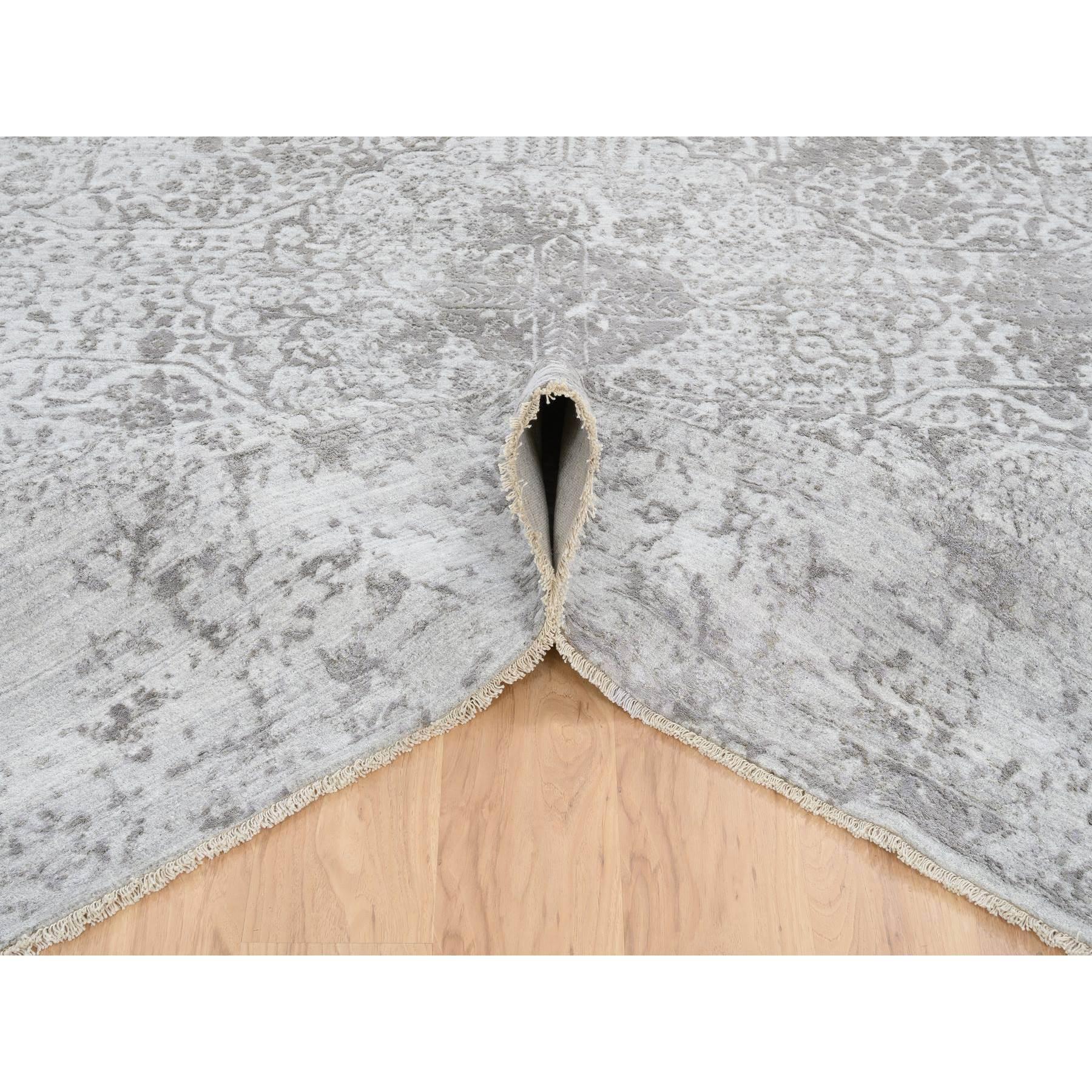 Hand-Woven 10'x10' Gray Broken Persian Design Hand Knotted Wool and Silk Square Rug For Sale