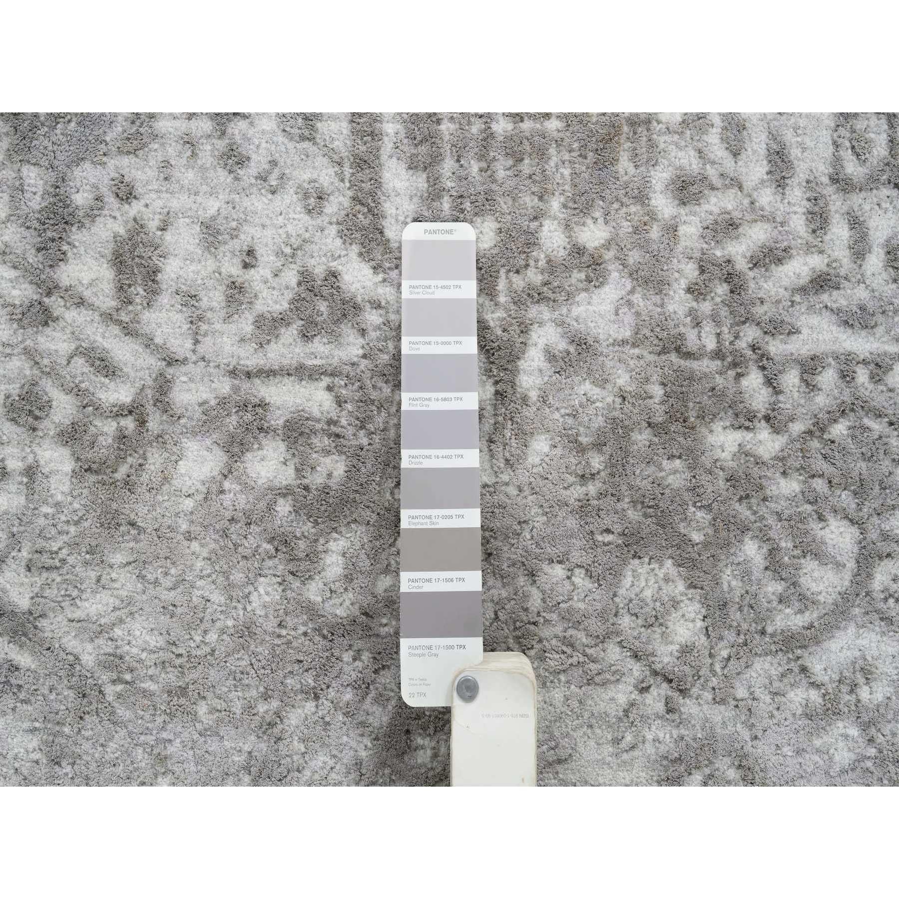 Contemporary 10'x10' Gray Broken Persian Design Hand Knotted Wool and Silk Square Rug For Sale